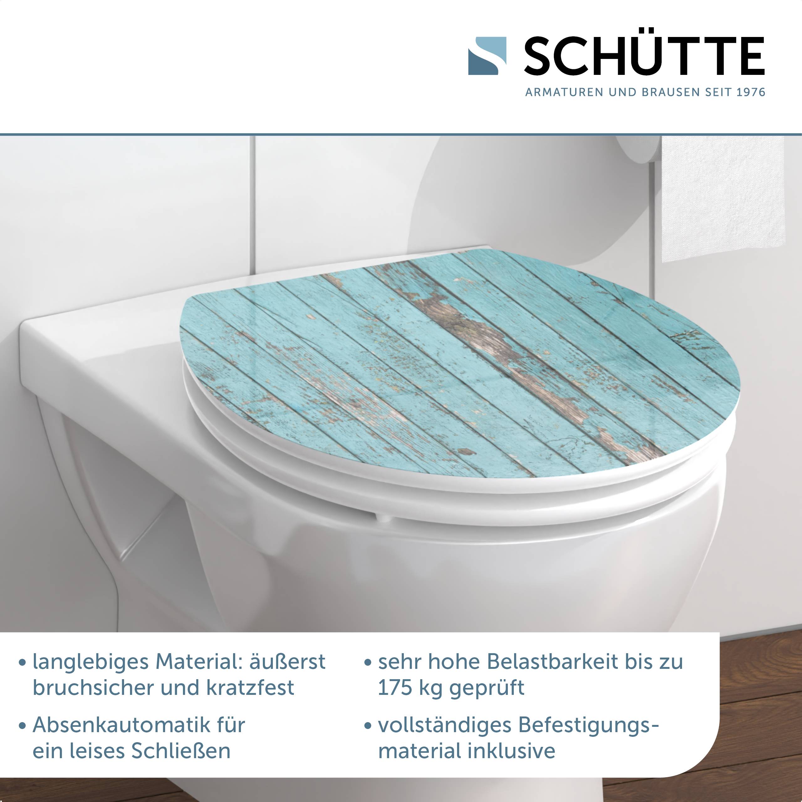 Toilette mit blauem Holzmuster-Sitz, beschriebene Merkmale umfassen hohe Langlebigkeit, Tragfähigkeit bis 175 kg und einfache Installation.