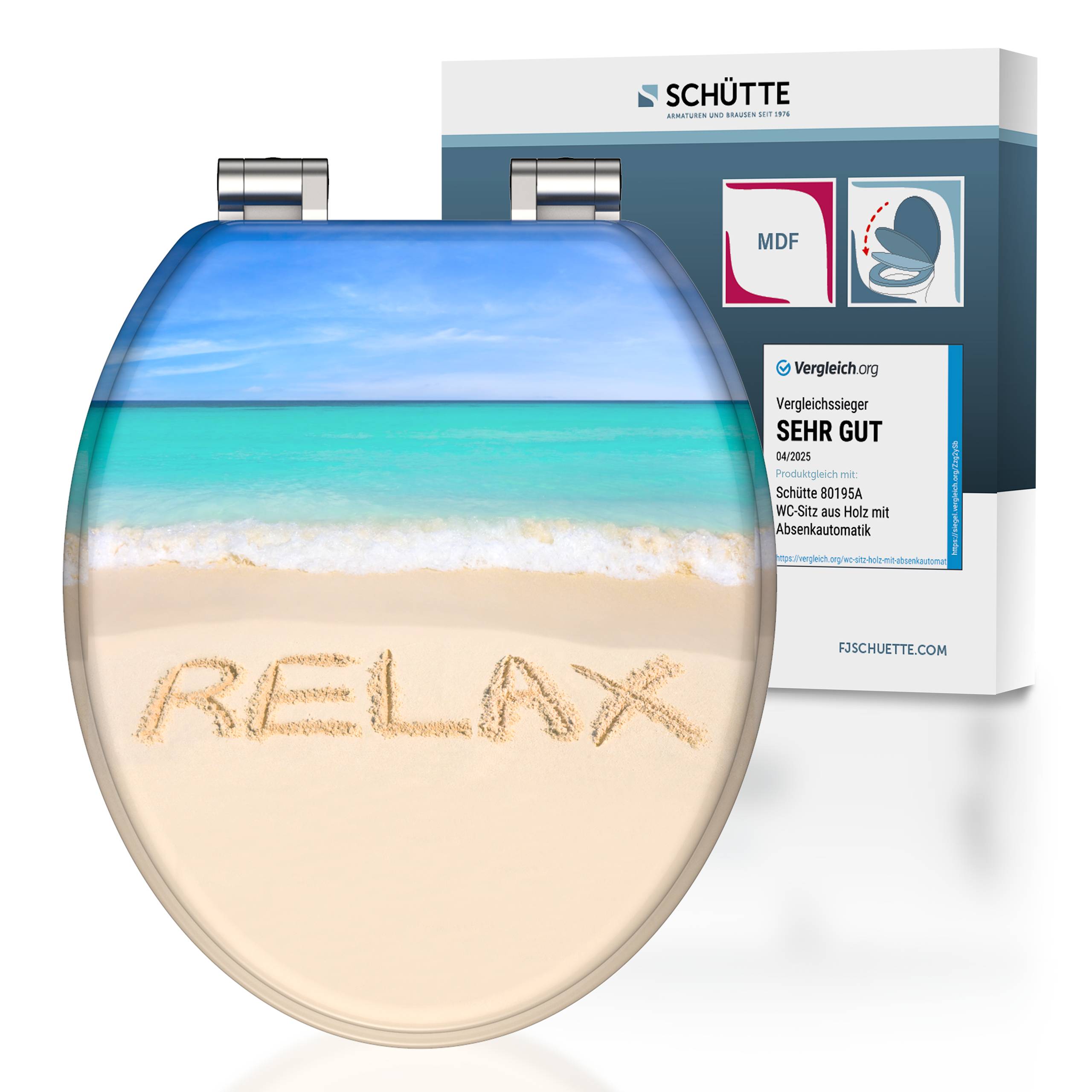 Strandthematische Toilettensitzauflage mit dem Wort „RELAX