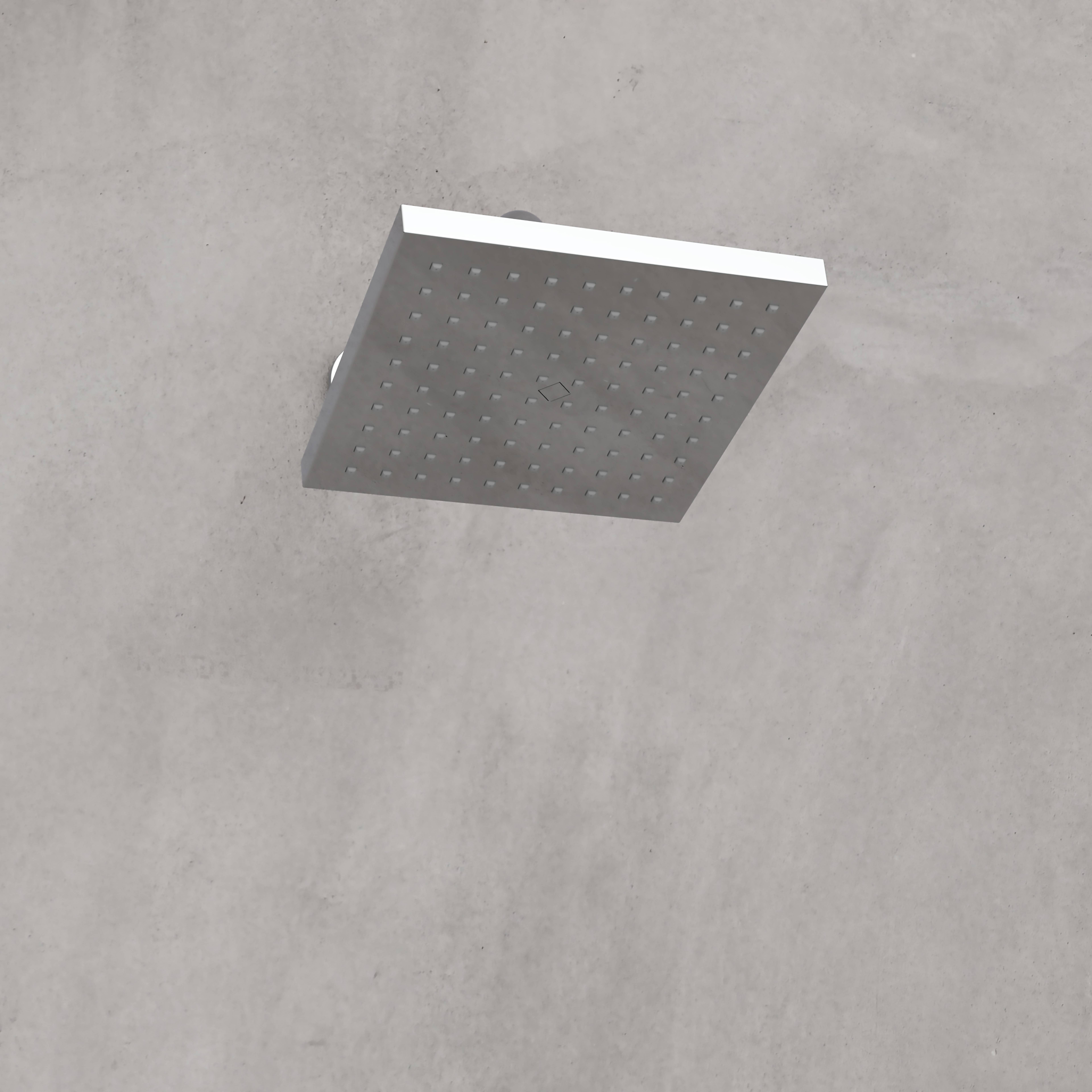 Ein quadratischer, an der Decke montierter Duschkopf vor einer hellgrauen Wand, entworfen für zeitgenössische Badezimmereinrichtungen.