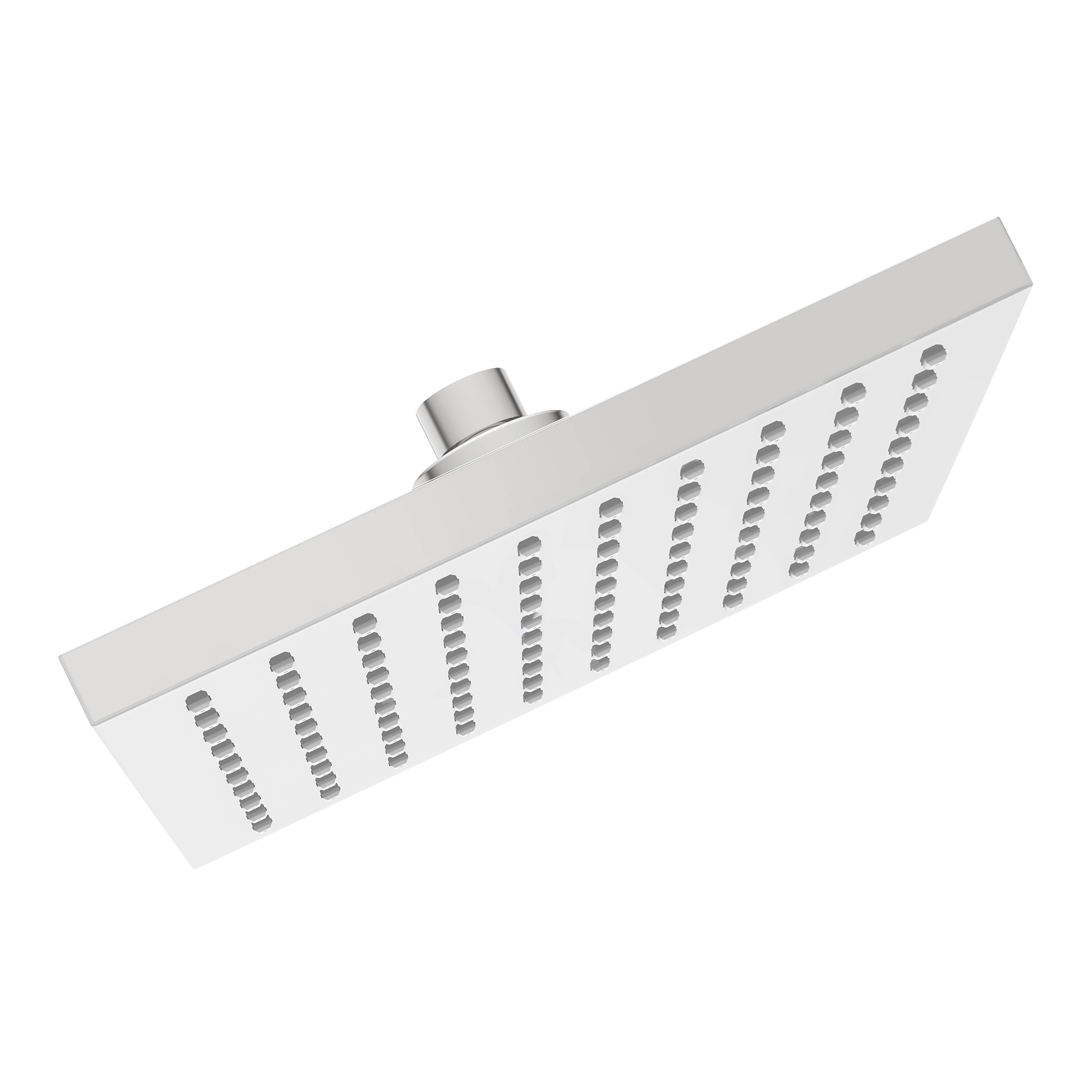 Rechteckiger Duschkopf mit mehreren kleinen Löchern für Wasser, vor schwarzem Hintergrund fotografiert.