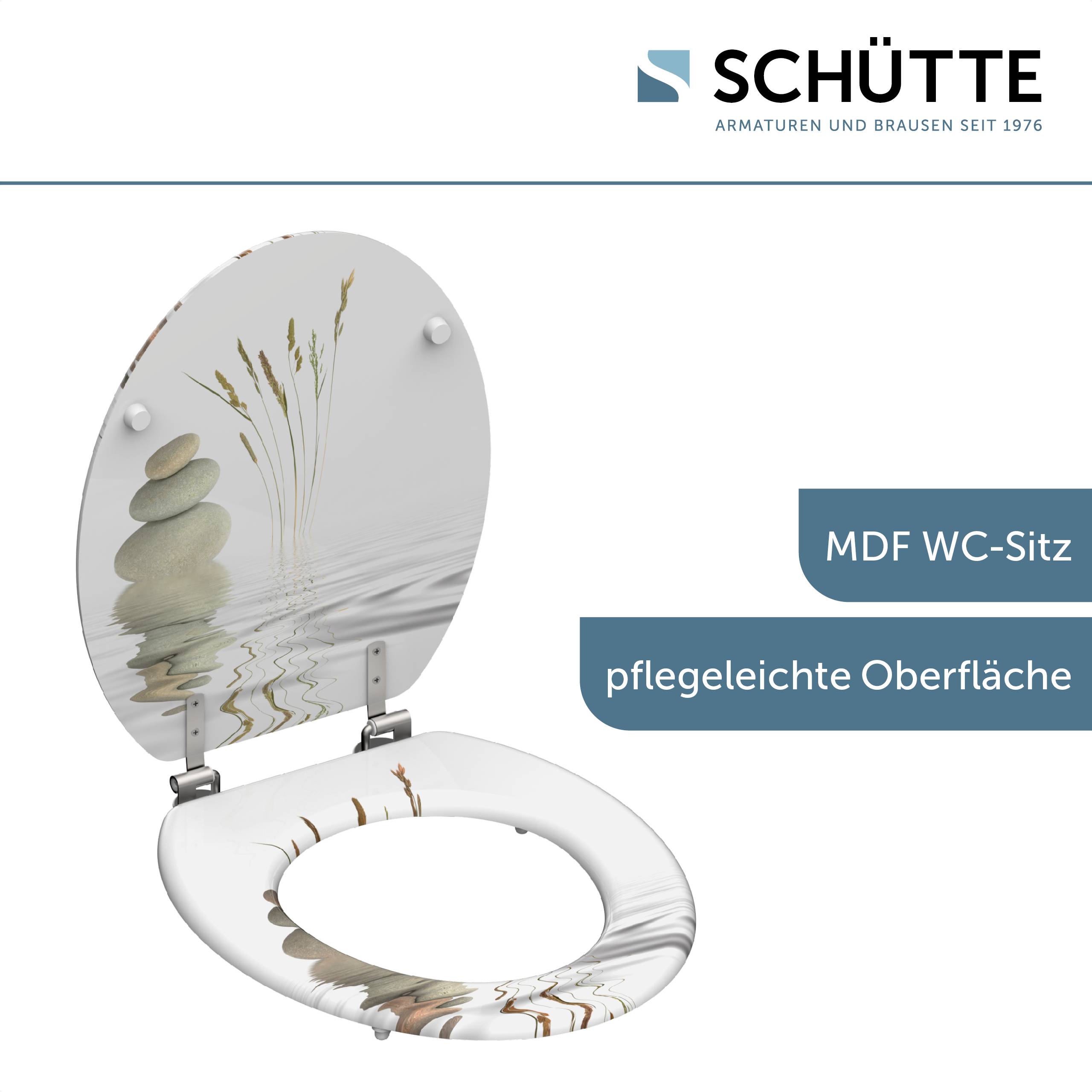 Toilettensitz mit dekorativem Design, das gestapelte Steine und Schilf zeigt, die sich im Wasser spiegeln. Der Text lautet „MDF WC-Sitz