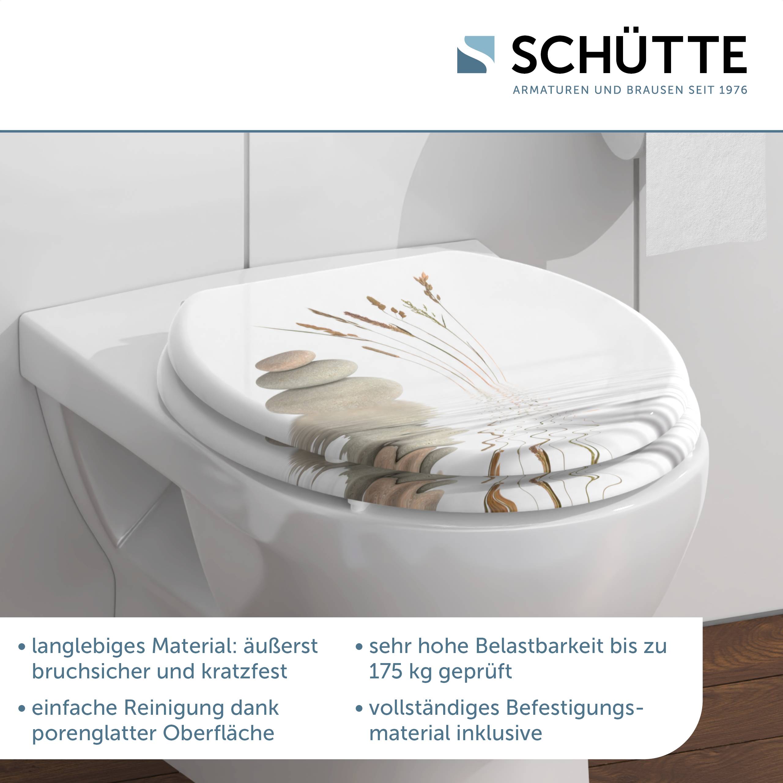 Toilettensitz der Marke 'Schütte' mit Blumenmuster, aus robustem und kratzfestem Material, getestet für 175 kg, inklusive Montagezubehör.