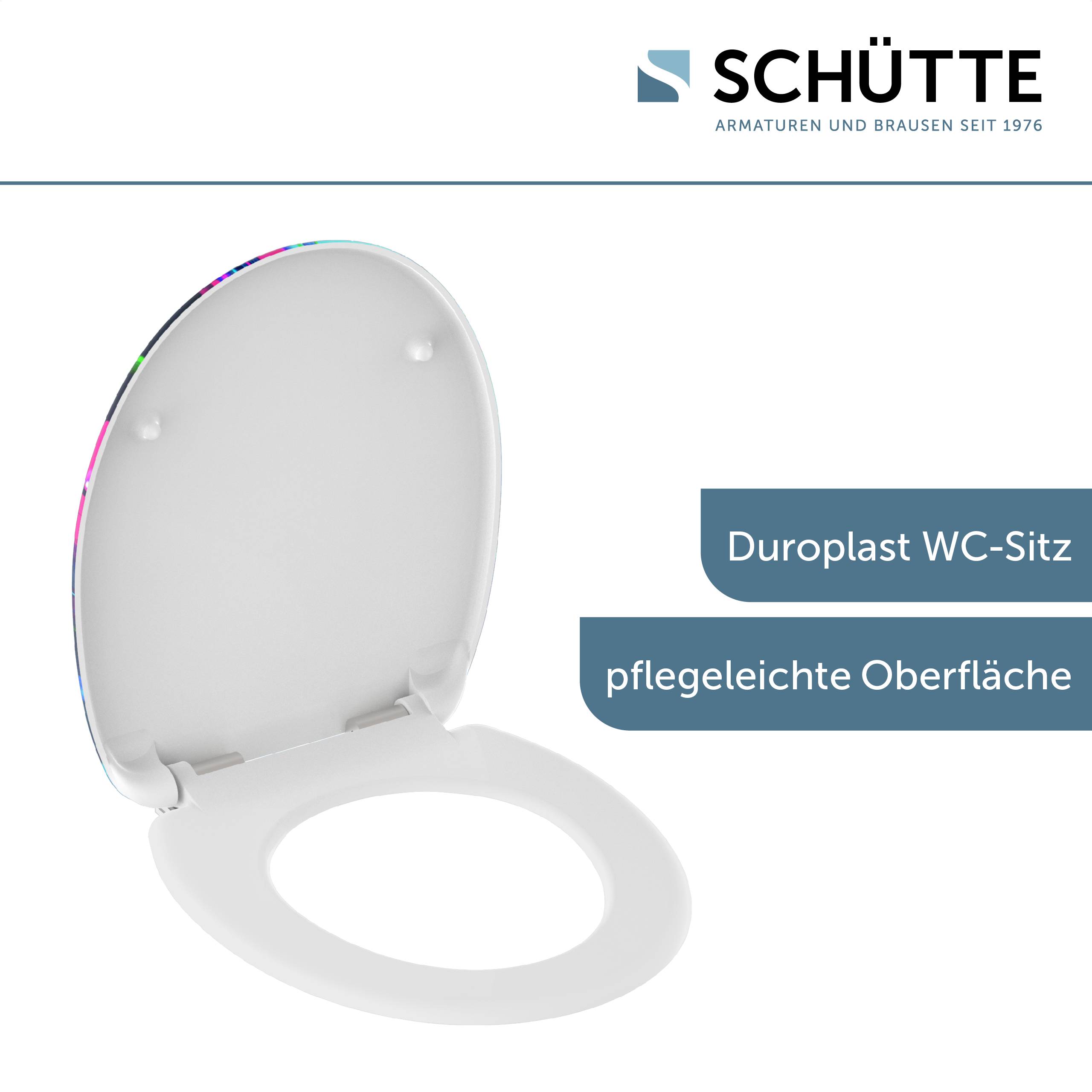 Ein weißer Toilettensitz mit geöffnetem Deckel wird gezeigt. Der Text lautet „Duroplast WC-Sitz