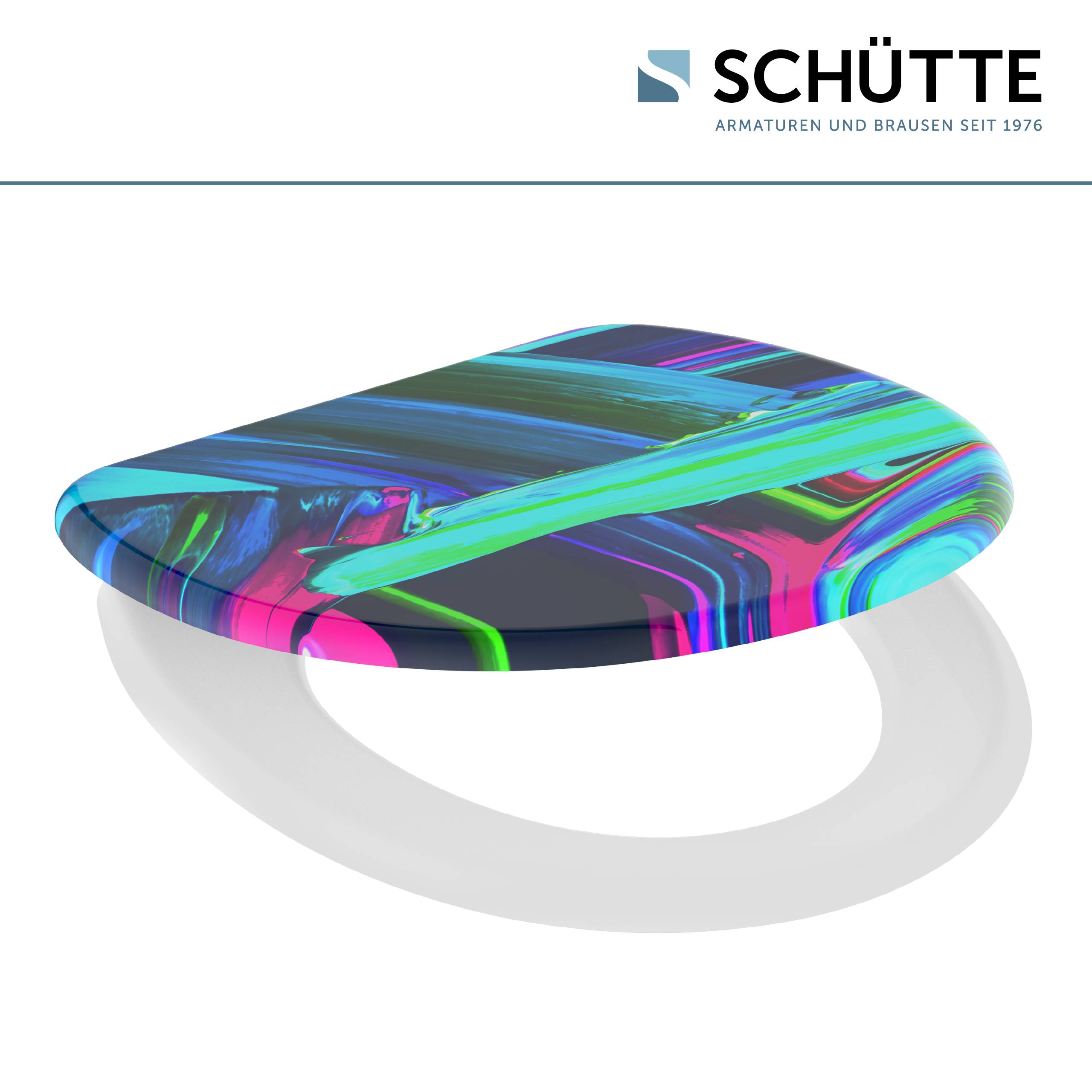Toilettensitz mit farbenfrohem, abstraktem Design auf dem Deckel, mit lebendigen blauen, rosa und grünen Wirbeln. Logo von 'Schütte' oben.
