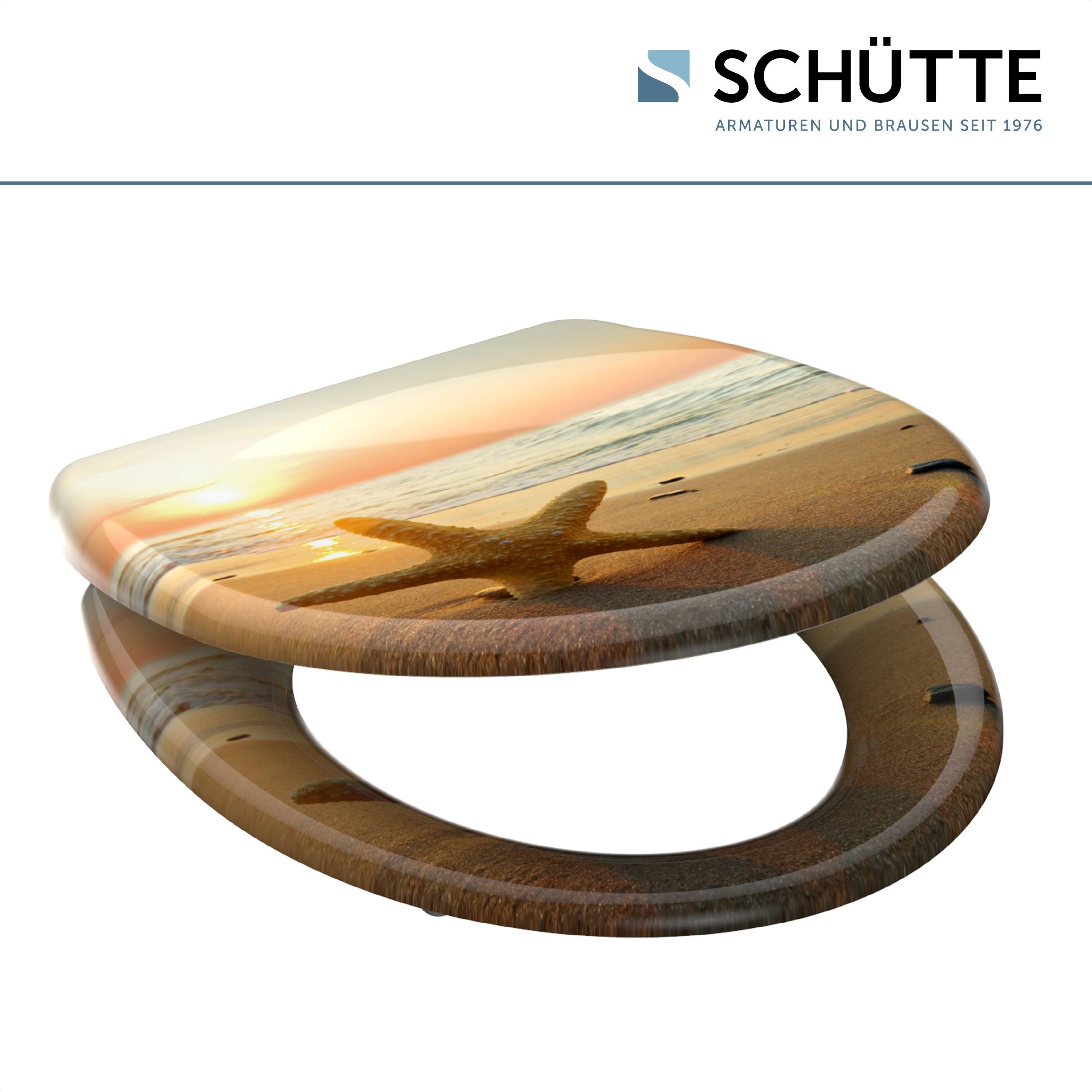 Ein Toilettensitz der Marke Schütte mit einem strandthematischen Motiv eines Seesterns und eines Sonnenuntergangs auf dem Deckel und dem Sitz, unter dem Schütte-Markenlogo.