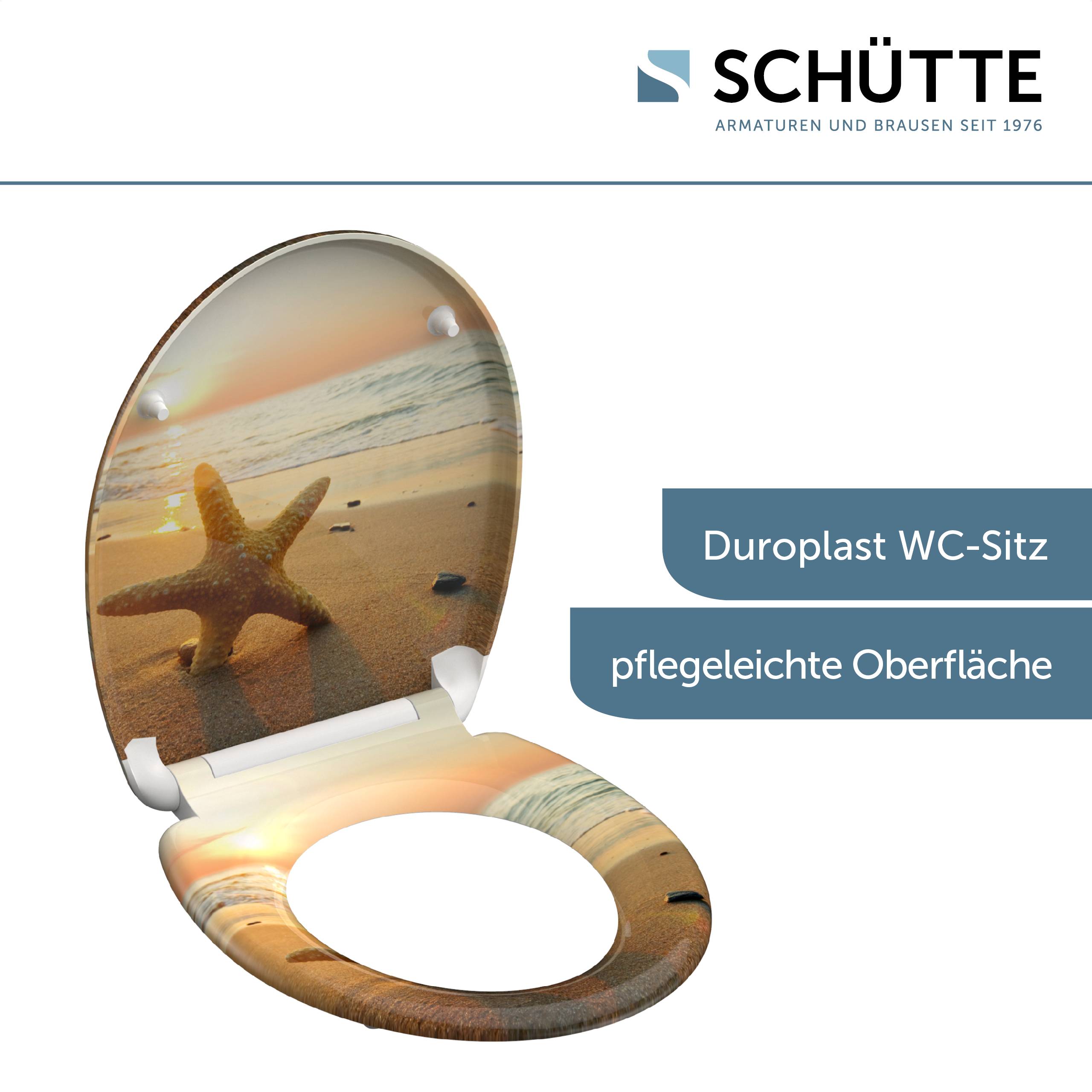Duoplast WC-Sitz mit Strand- und Seesterndesign. Der Text lautet „Duoplast WC-Sitz, pflegeleichte Oberfläche.