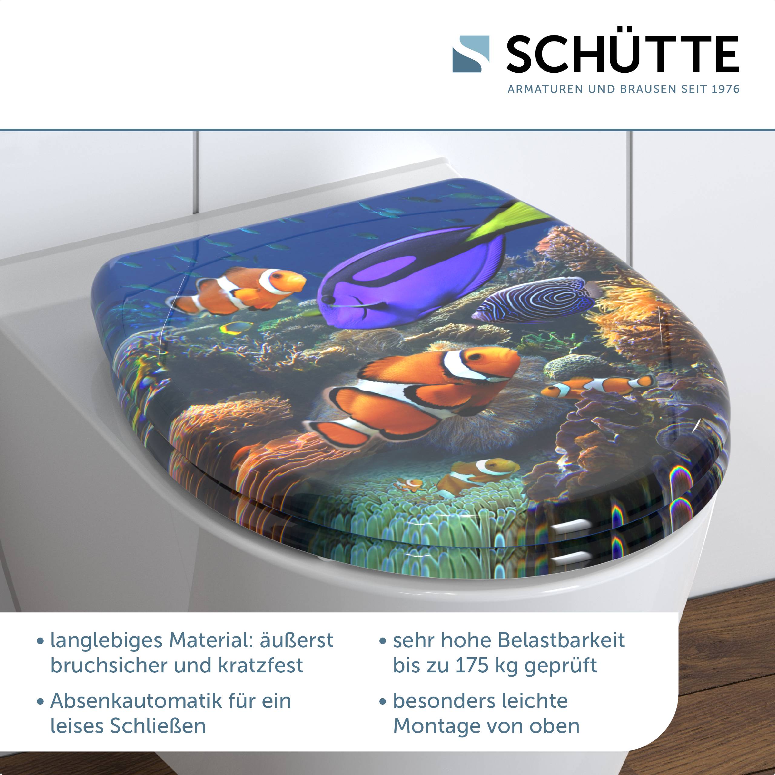 Toilette mit marinedesigntem Deckel mit bunten Fischen. Der Text hebt Langlebigkeit, Kratzerbeständigkeit, leises Schließen und einfache Installation hervor.