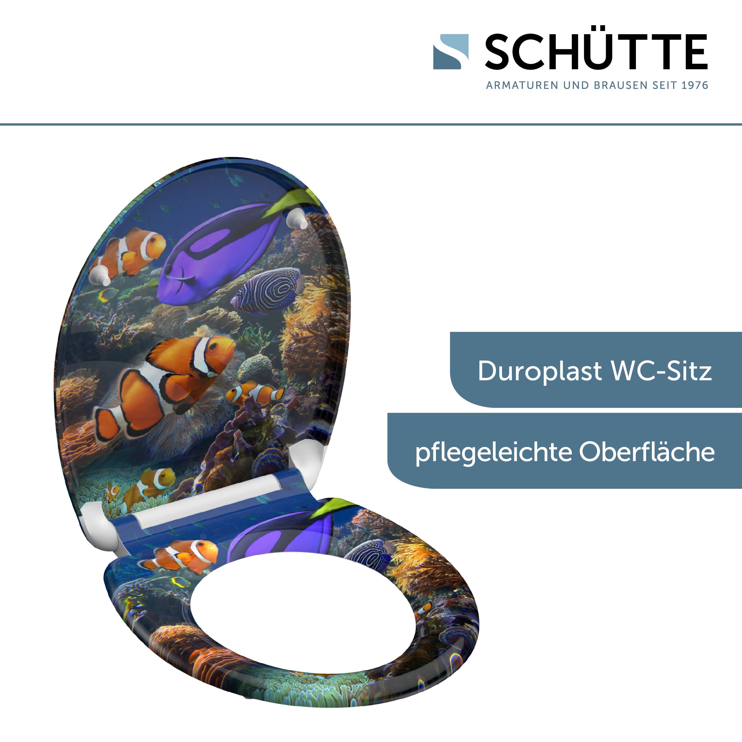 Ein WC-Sitz mit Unterwasserthema mit farbenfrohen Fischen, darunter Clownfische und eine Blauflossen-Doktorfisch. Text: 'Duroplast WC-Sitz pflegeleichte Oberfläche'.