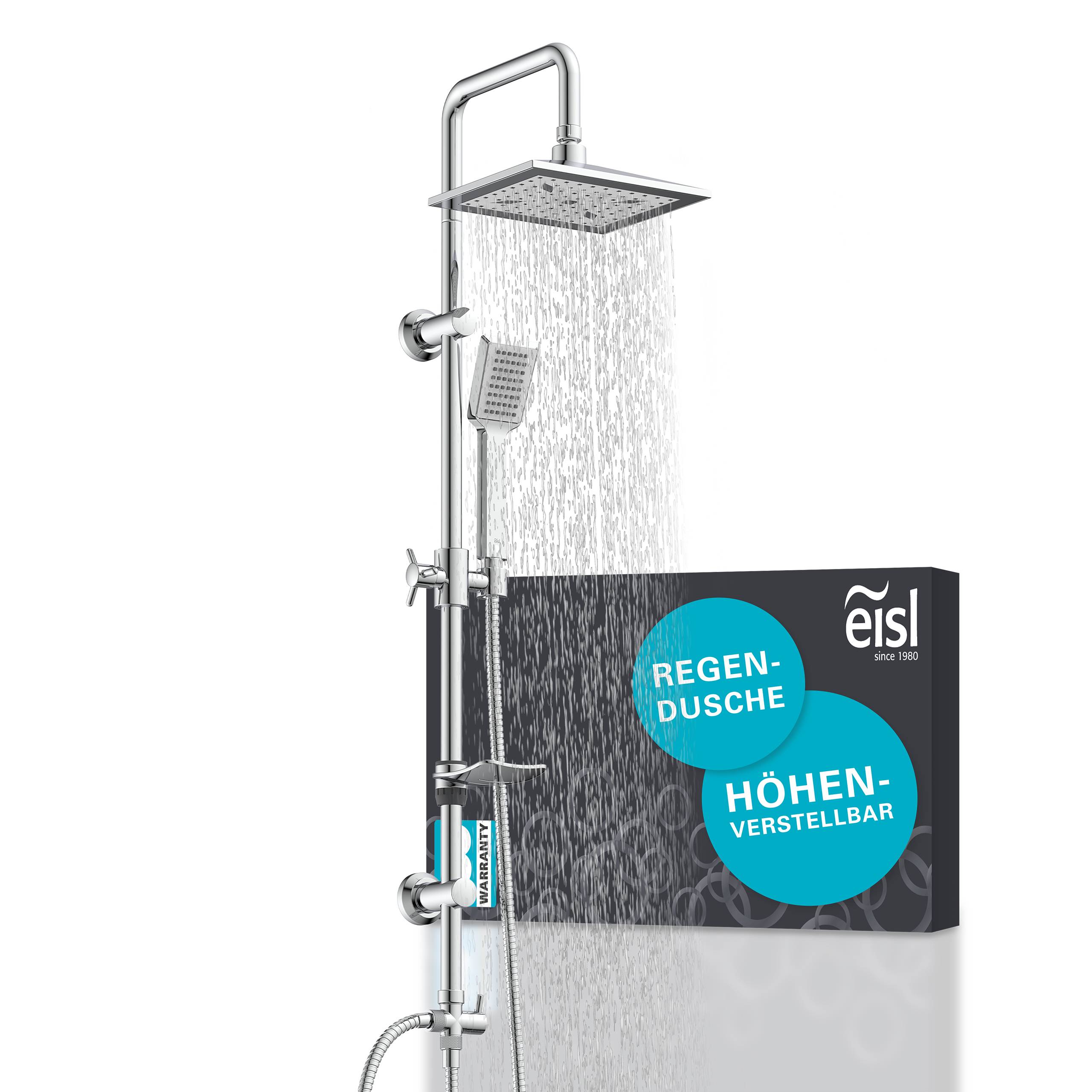 Chrome-Duschenanlage mit quadratischem Regenduschenkopf und tragbarem Handbrausekopf; das Produktverpackungsetikett bezeichnet es als „Regen-Dusche
