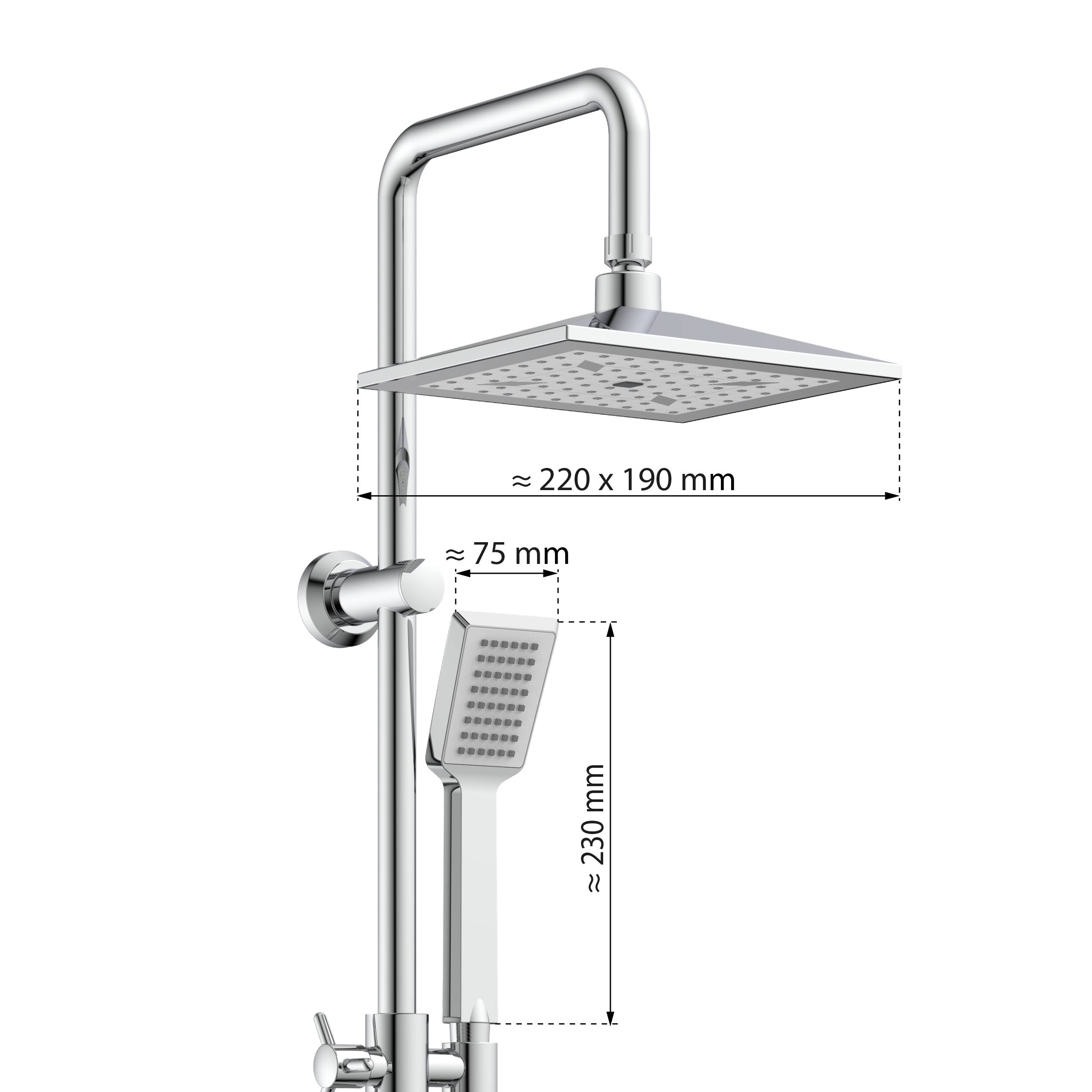 Chrom-Duschset mit quadratischem Kopfbrausenkopf und Handbrause, gezeigt mit beschrifteten Abmessungen von ungefähr 220 x 190 mm, 75 mm und 230 mm.