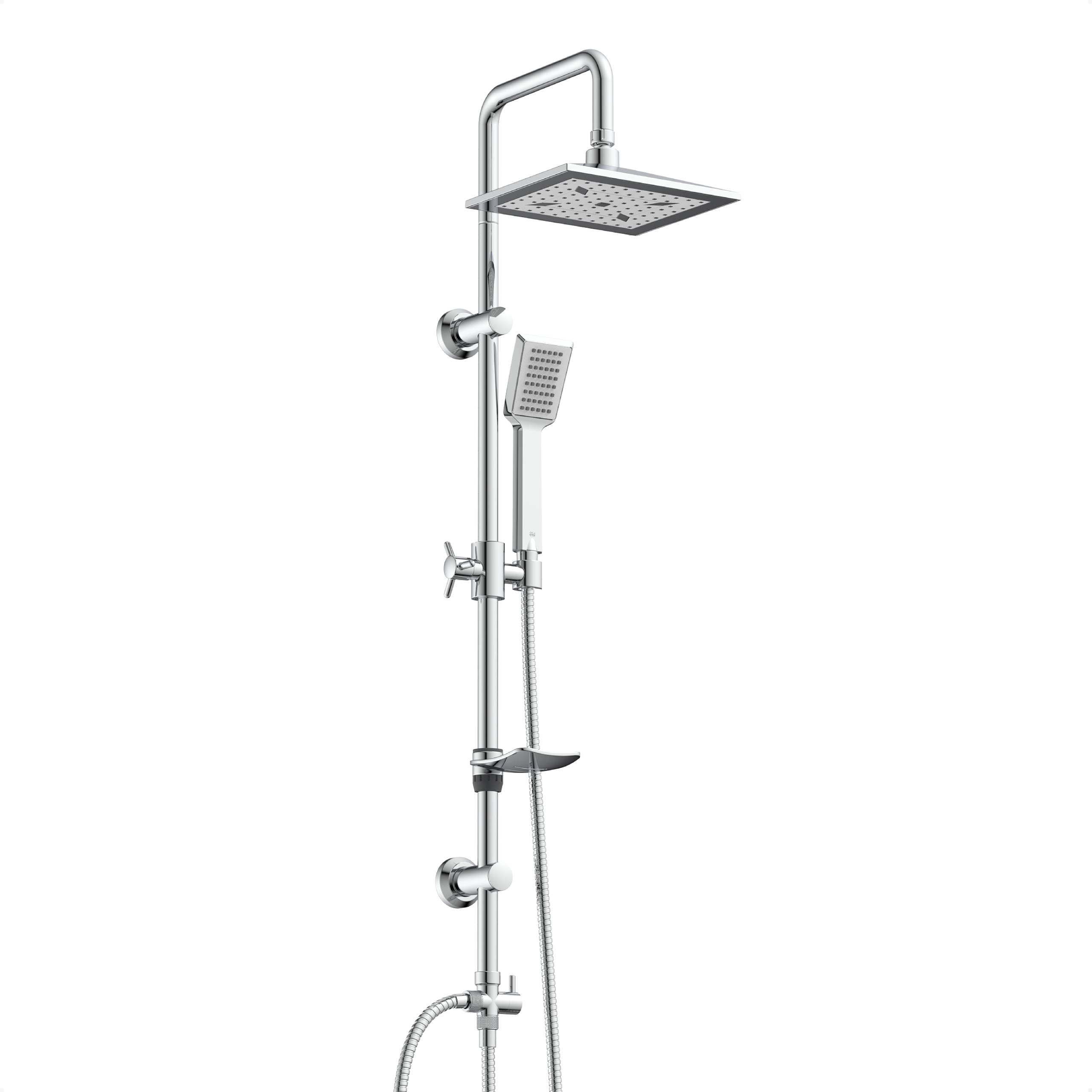 Ein Chromduschsystem mit einer quadratischen Kopfbrause und einer Handbrause, die an einer vertikalen Schiene befestigt ist.