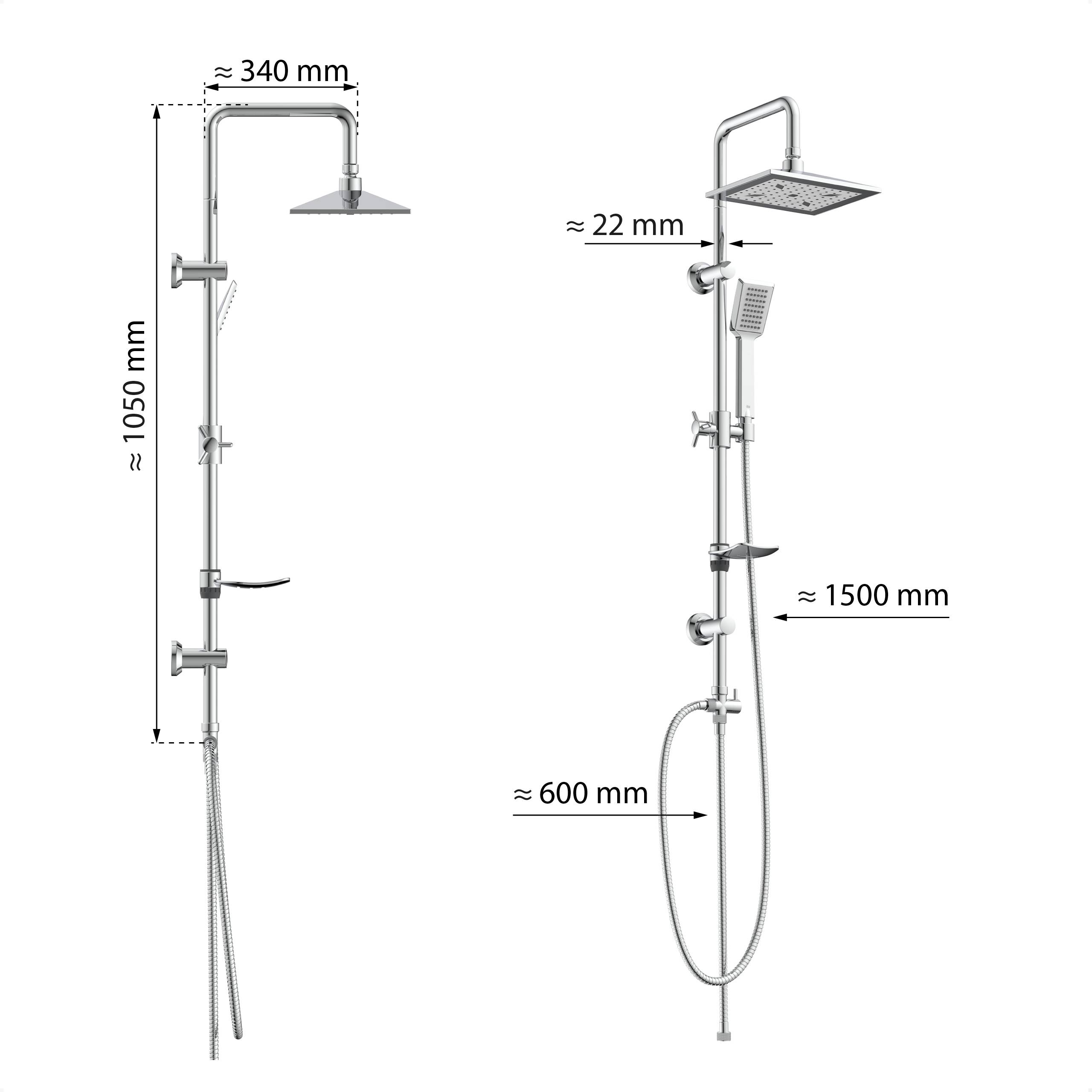 Diagramm eines quadratischen Regenduschkopfsystems mit Schlauch. Höhen: 1050 mm und 1500 mm, verstellbar. Duschkopfbreite: 340 mm. Schlauchlänge: 600 mm.