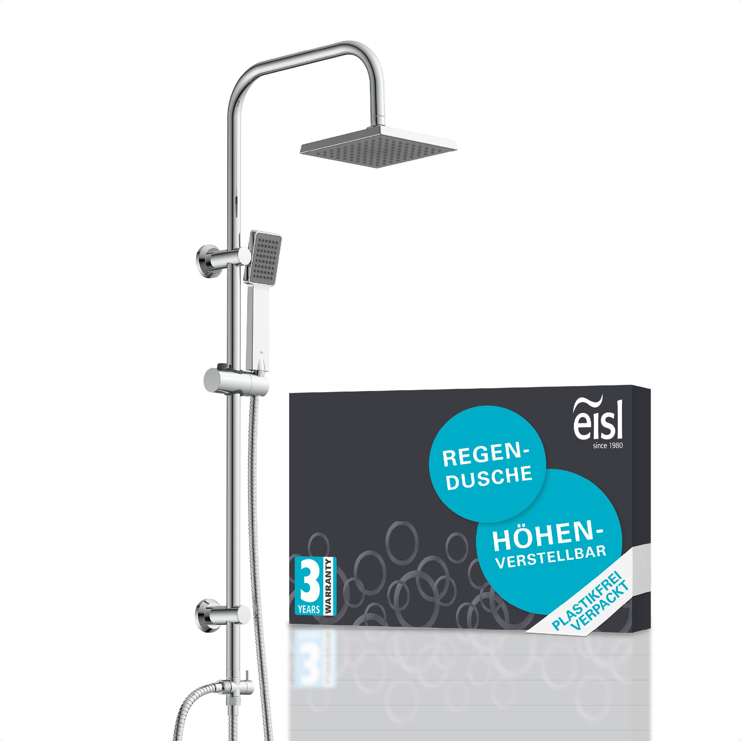 Duschset mit verstellbarem Duschkopf und quadratischer Regendusche, neben einer Packung mit der Bezeichnung „Eisl