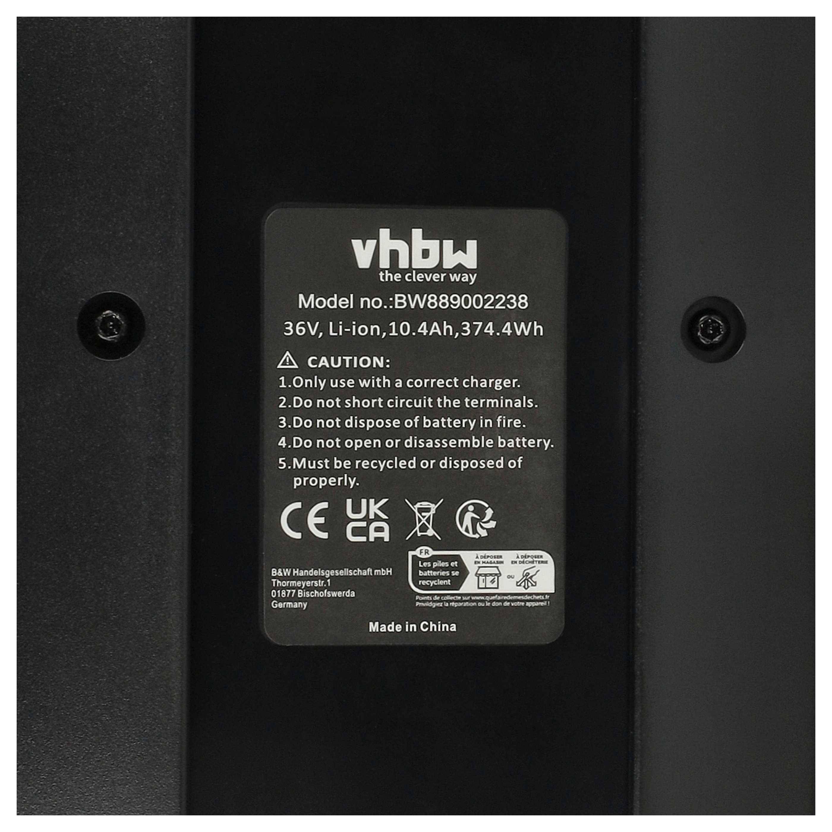 vhbw Akku kompatibel mit Hercules E-Imperial 180 E-Bike Gepäckträger-System (10,4 Ah, 36 V, Li-Ion) - Schwarz