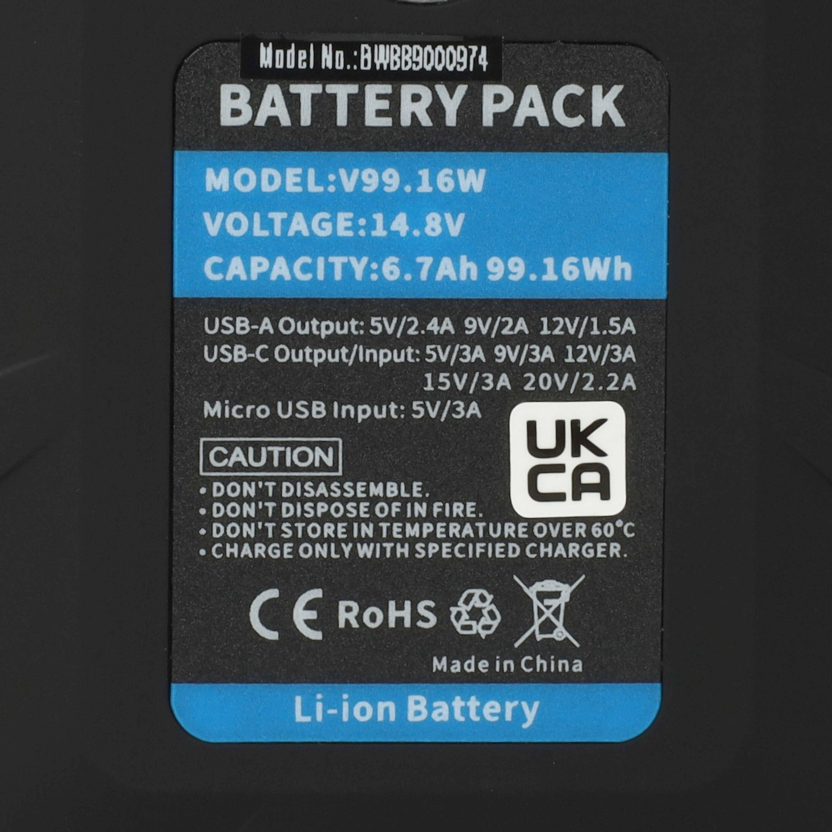 vhbw 1x Akku kompatibel mit Sony DSR-300, DSR-300AP, DSR-300A, DSR-300F, DSR-1, DSR-250P, DSR-250 Kamera (6700 mAh, 14,8 V, Li-Ion), USB