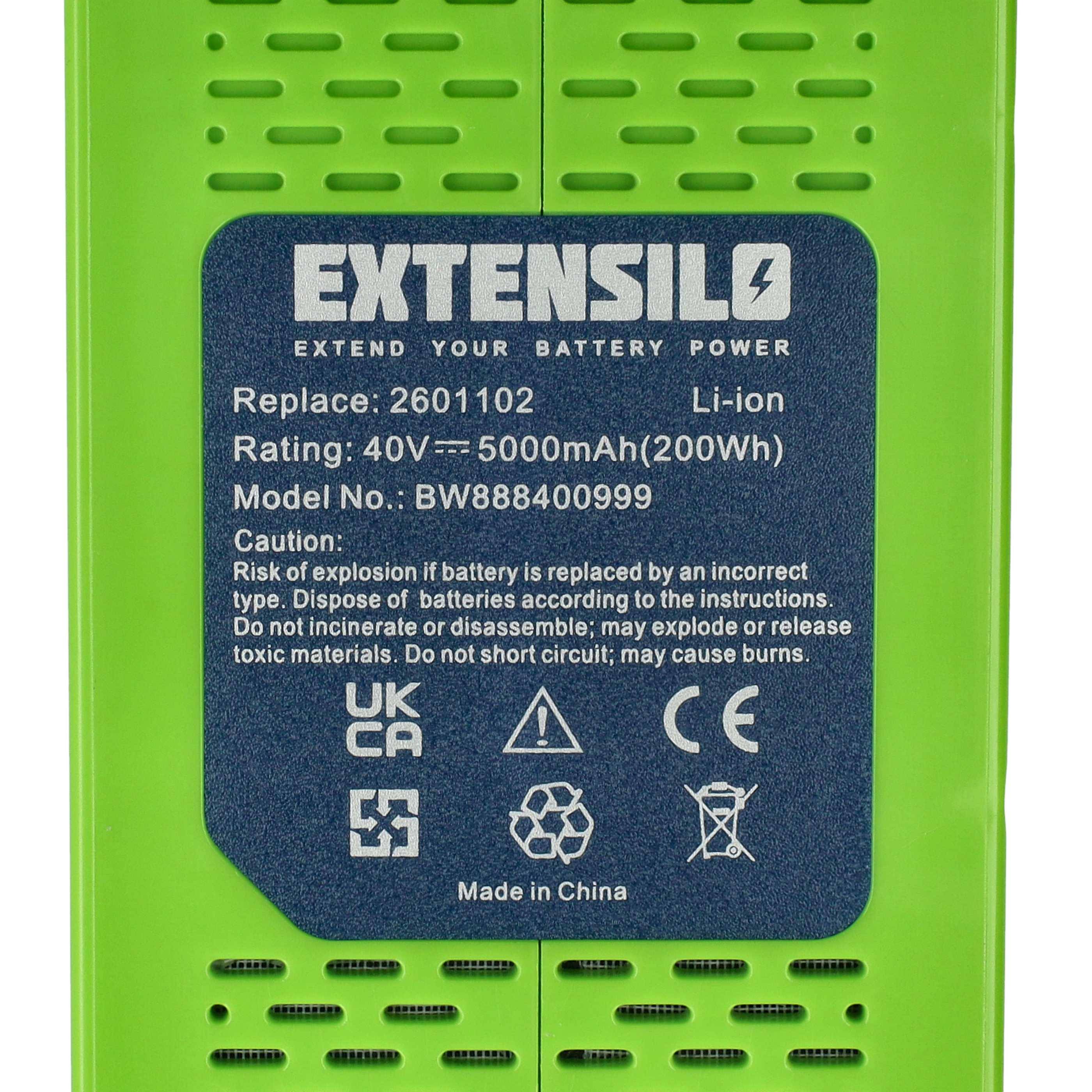 EXTENSILO 2x Akku kompatibel mit Greenworks GD40LM45, GD40CS40K4, GD40LM45K2X, GD40LM46SP, GD40LM45K4, GD40CS40K2X Rasenmäher (5Ah, 40V Li-Ion)