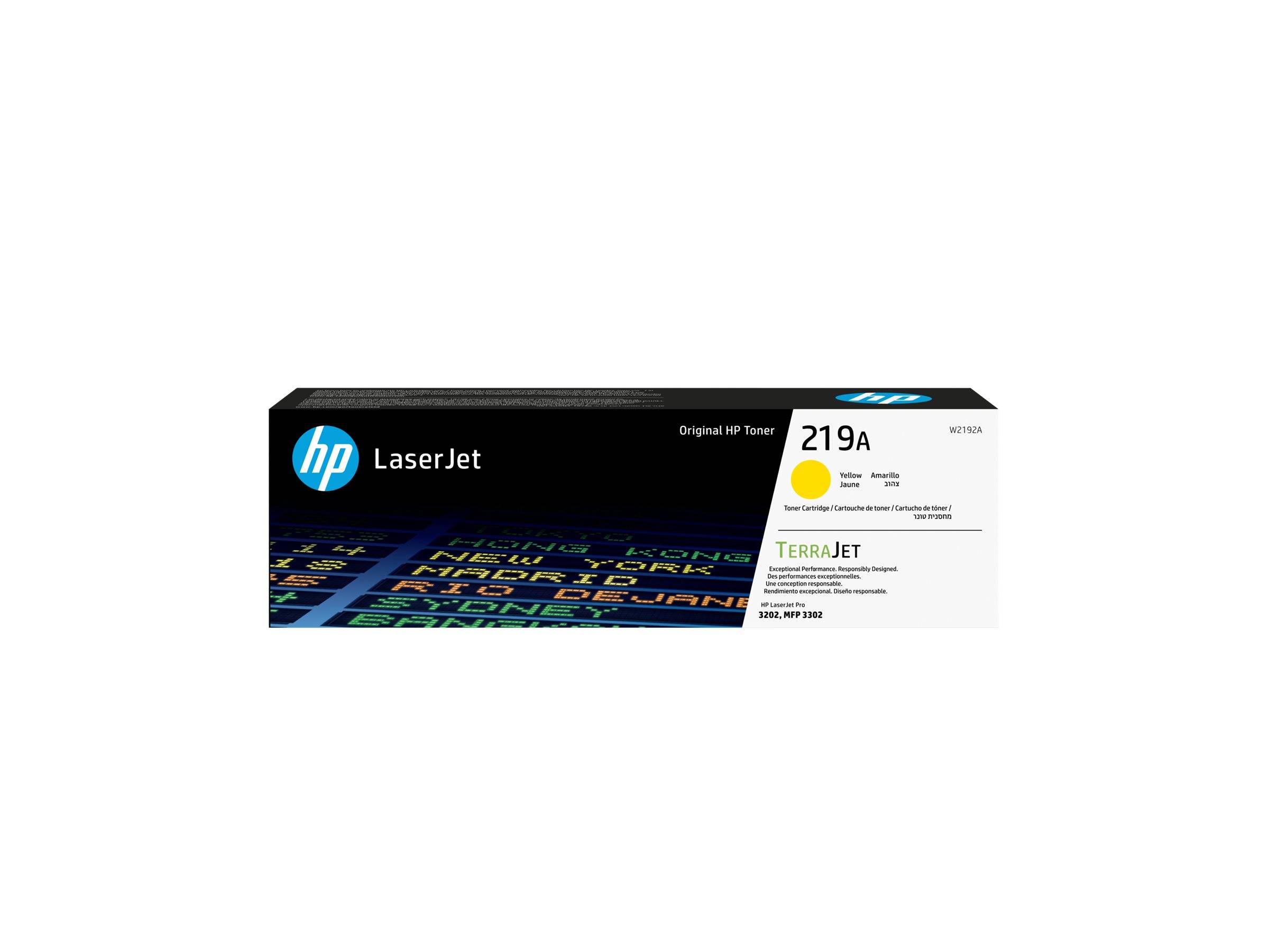 HP LaserJet Tonerkassette mit der Bezeichnung '219A', kompatibel mit bestimmten Druckern, mit Hervorhebung der TerraJet-Technologie für Umweltauswirkungen.