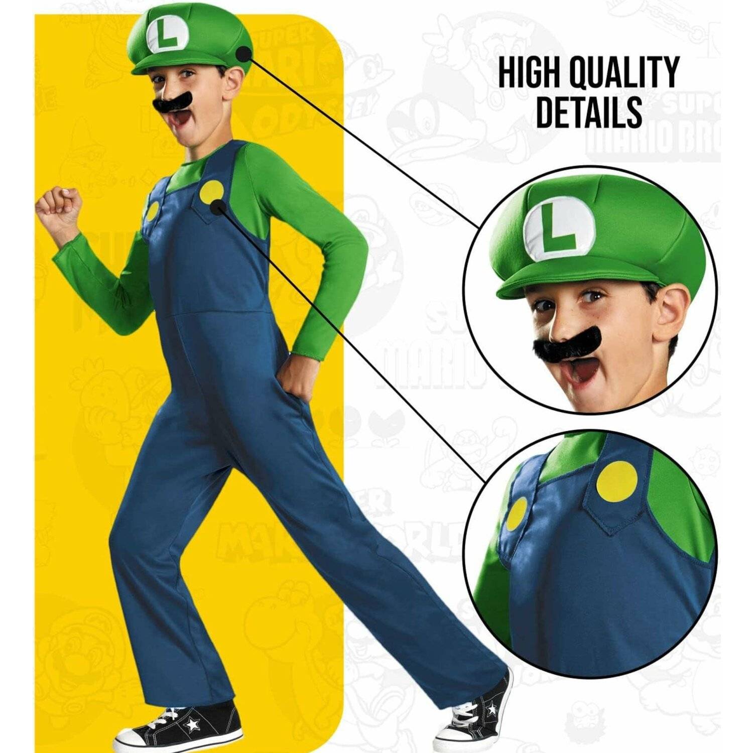 Nintendo Super Mario Brothers Luigi Classic Kostüm, All In One, Hut & Schnauzbart 125-135cm (M)