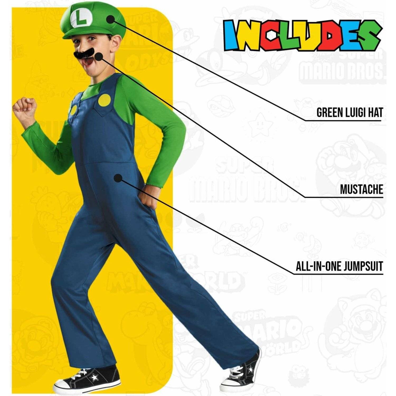 Nintendo Super Mario Brothers Luigi Classic Kostüm, All In One, Hut & Schnauzbart 125-135cm (M)