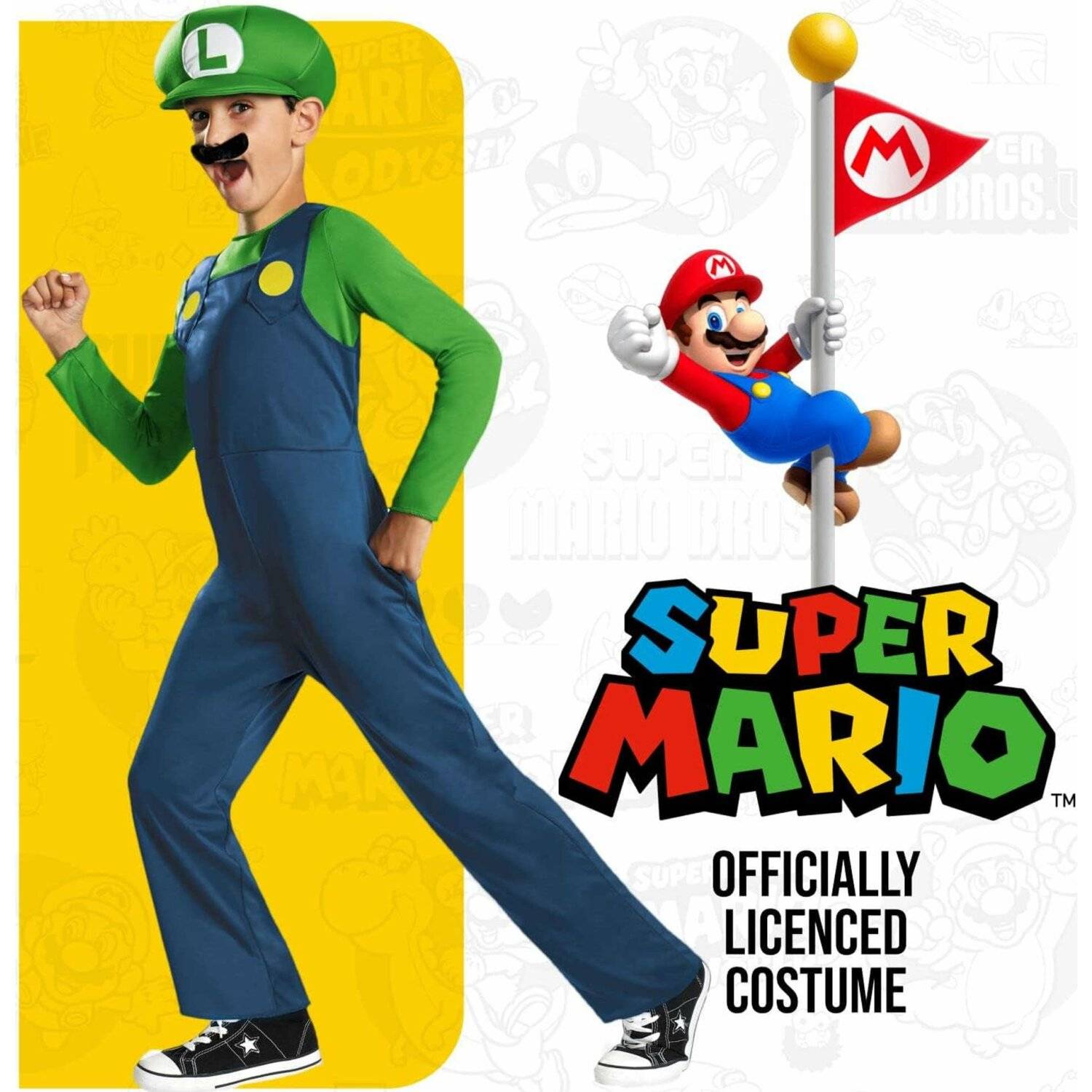 Nintendo Super Mario Brothers Luigi Classic Kostüm, All In One, Hut & Schnauzbart 125-135cm (M)