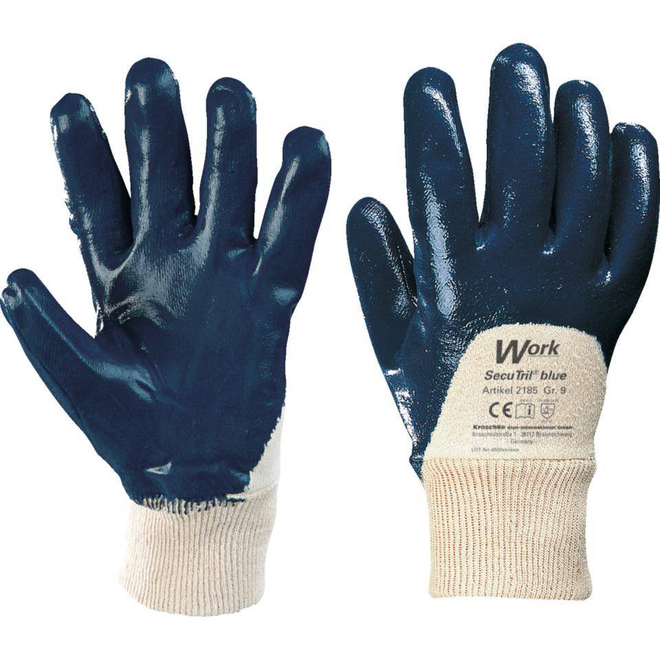 Work Schutzhandschuh SecuTril® Blue, Strickbund, Baumwolltrikot,Nitril, Größe 9, EN 388, Kat. II
