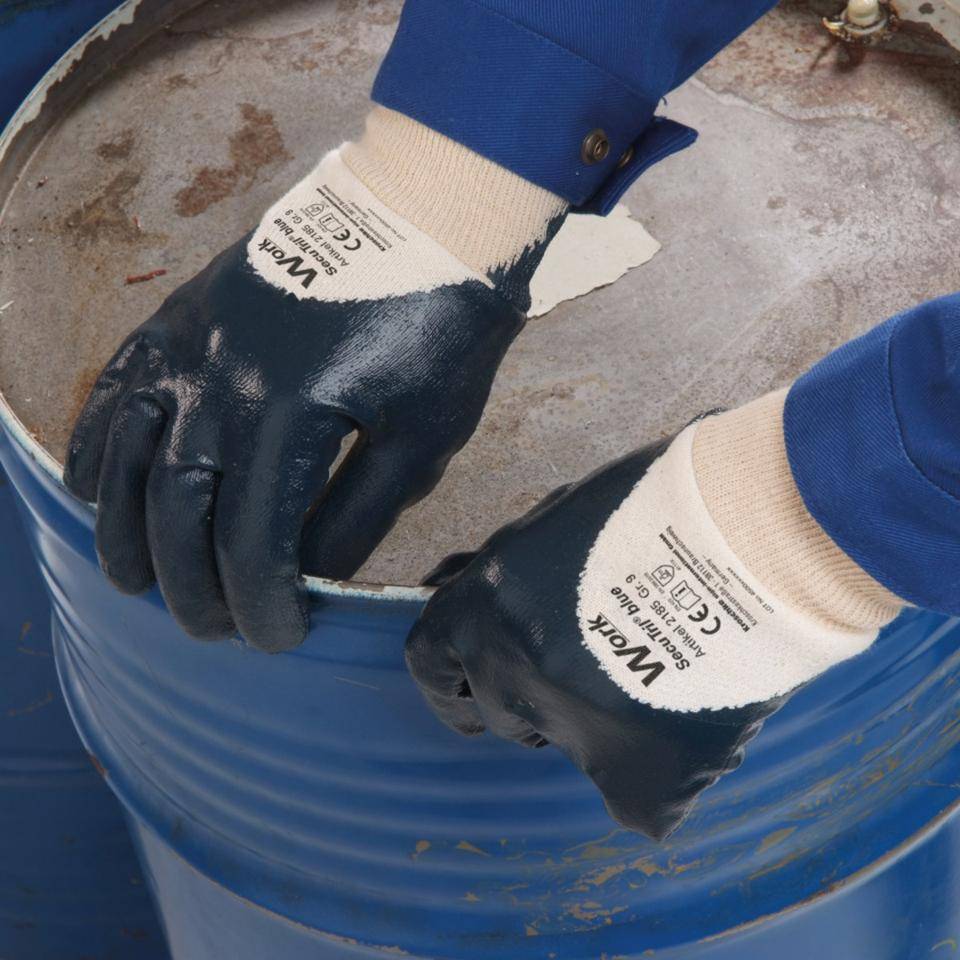 Work Schutzhandschuh SecuTril® Blue, Strickbund, Baumwolltrikot,Nitril, Größe 9, EN 388, Kat. II
