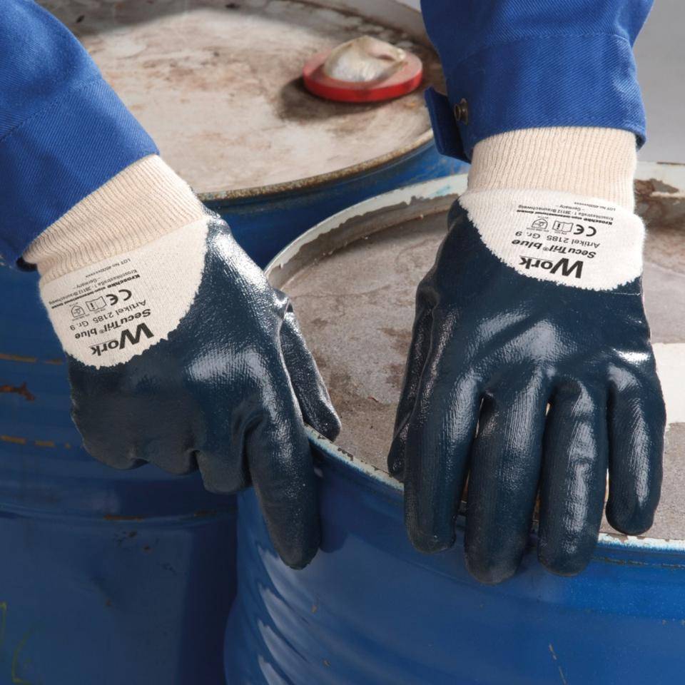 Work Schutzhandschuh SecuTril® Blue, Strickbund, Baumwolltrikot,Nitril, Größe 9, EN 388, Kat. II