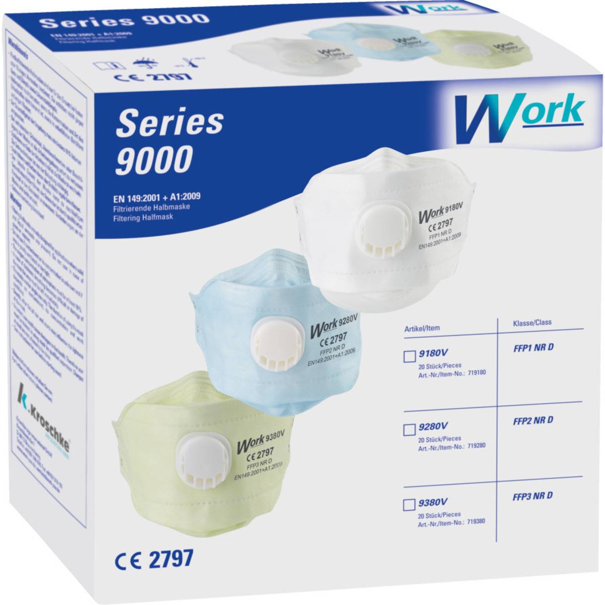 Work Serie 9000 filtrierende Halb-/Feinstaubfaltmaske 9380V, FFP3NRD, EN149, 20/VE