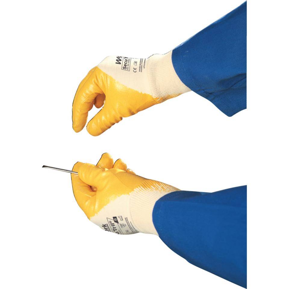 Work Schutzhandschuh SecuTril®, gelb, Baumwolltrikot, Nitril, Größe 10, EN 388, Kat. II