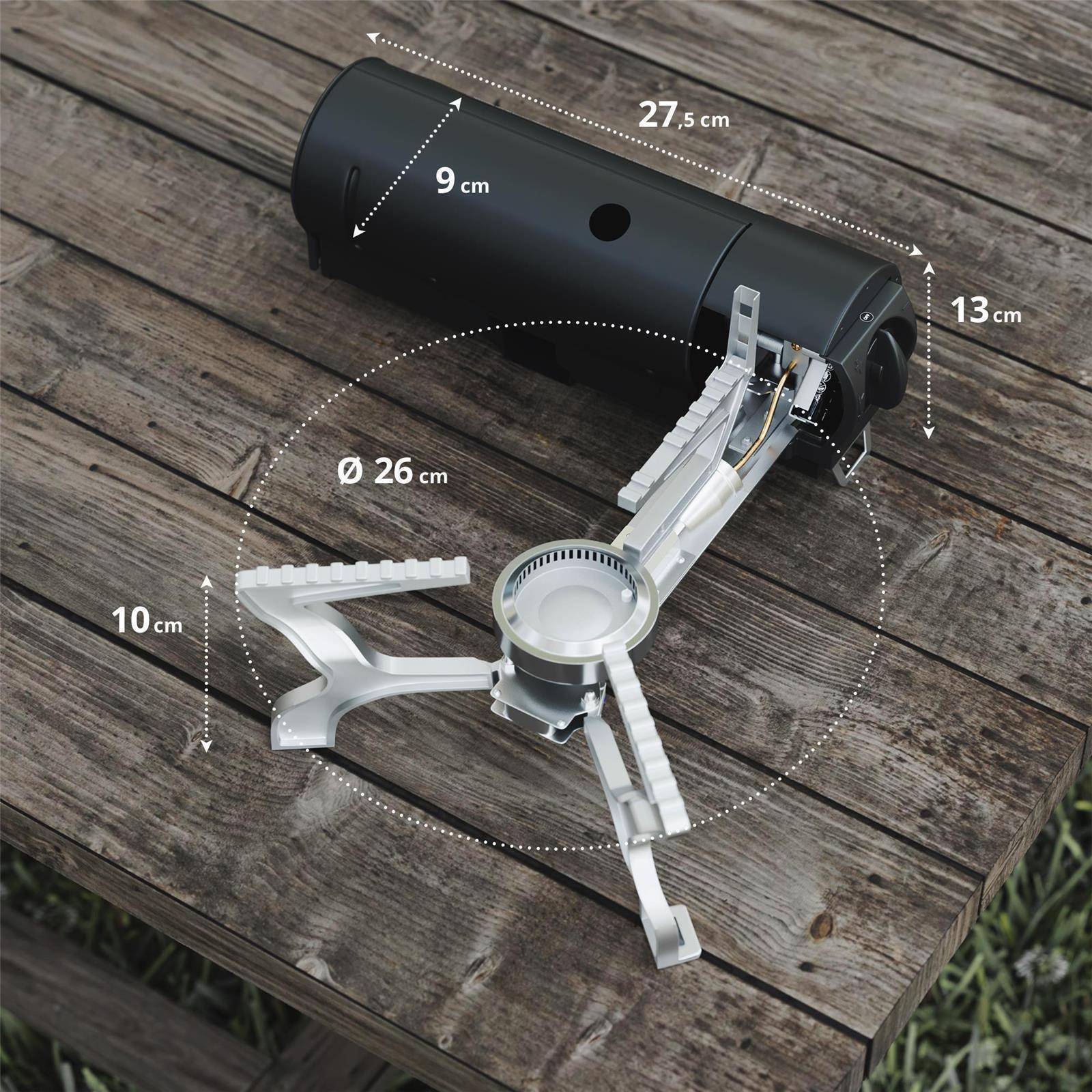 EVOCAMP Klappbarer Gaskocher + 4 Gaskartuschen, mit Tragetasche, faltbar mit Piezozündung ohne Wärmeleitblech