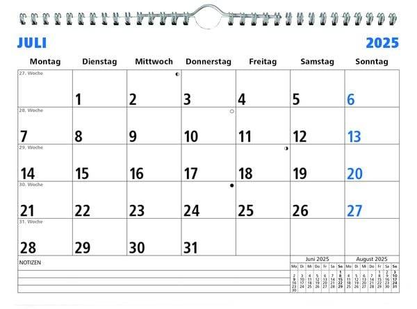 Zettler - Monatsterminkalender 2025 weiß,29,7x21cm, Tischkalender mit 1 Monat auf 1 Seite, Zweimonatsübersicht, viel Platz für Notizen, Drahtkammbi