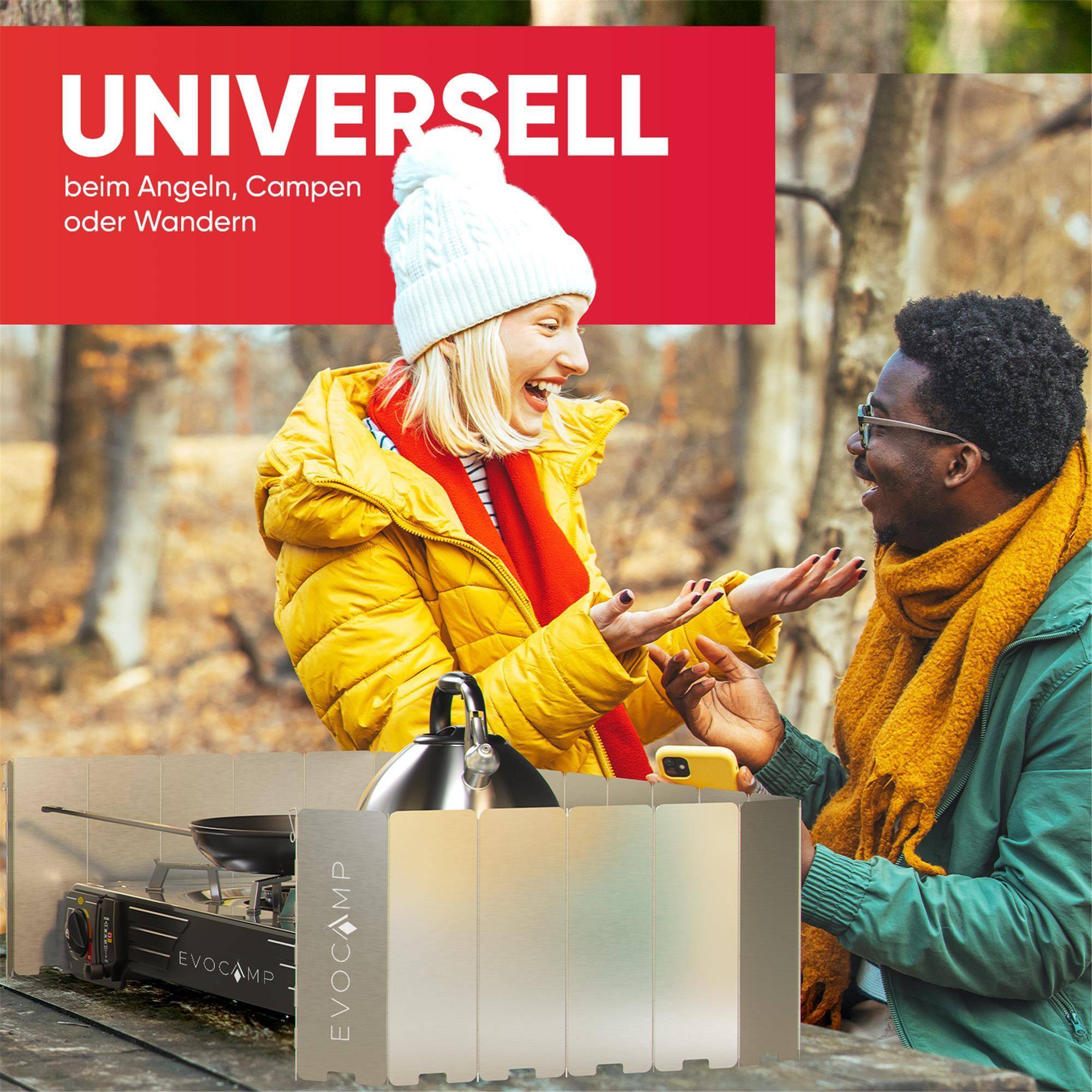 EVOCAMP Windschutz für Gaskocher, inklusive Tasche, 22 Lamellen, Spirituskocher Outdoor, Campingkocher, Grill, Camping Feuerstelle, Gaskocher