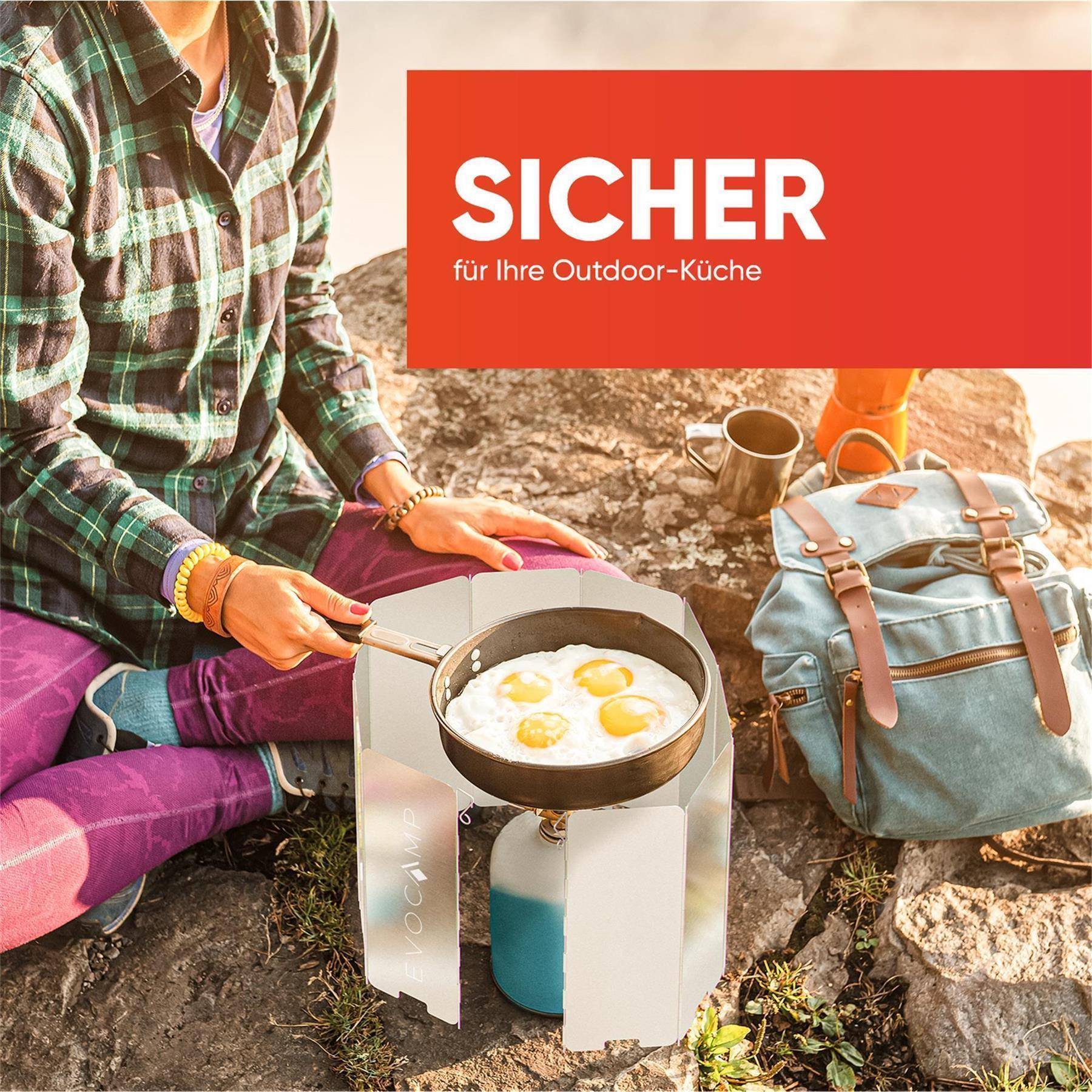 EVOCAMP Windschutz für Gaskocher, inklusive Tasche, 10 Lamellen, Spirituskocher Outdoor, Campingkocher, Grill, Camping Feuerstelle, Gaskocher