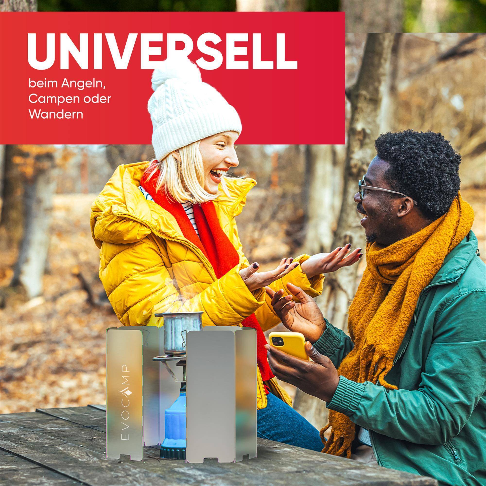 EVOCAMP Windschutz für Gaskocher, inklusive Tasche, 10 Lamellen, Spirituskocher Outdoor, Campingkocher, Grill, Camping Feuerstelle, Gaskocher