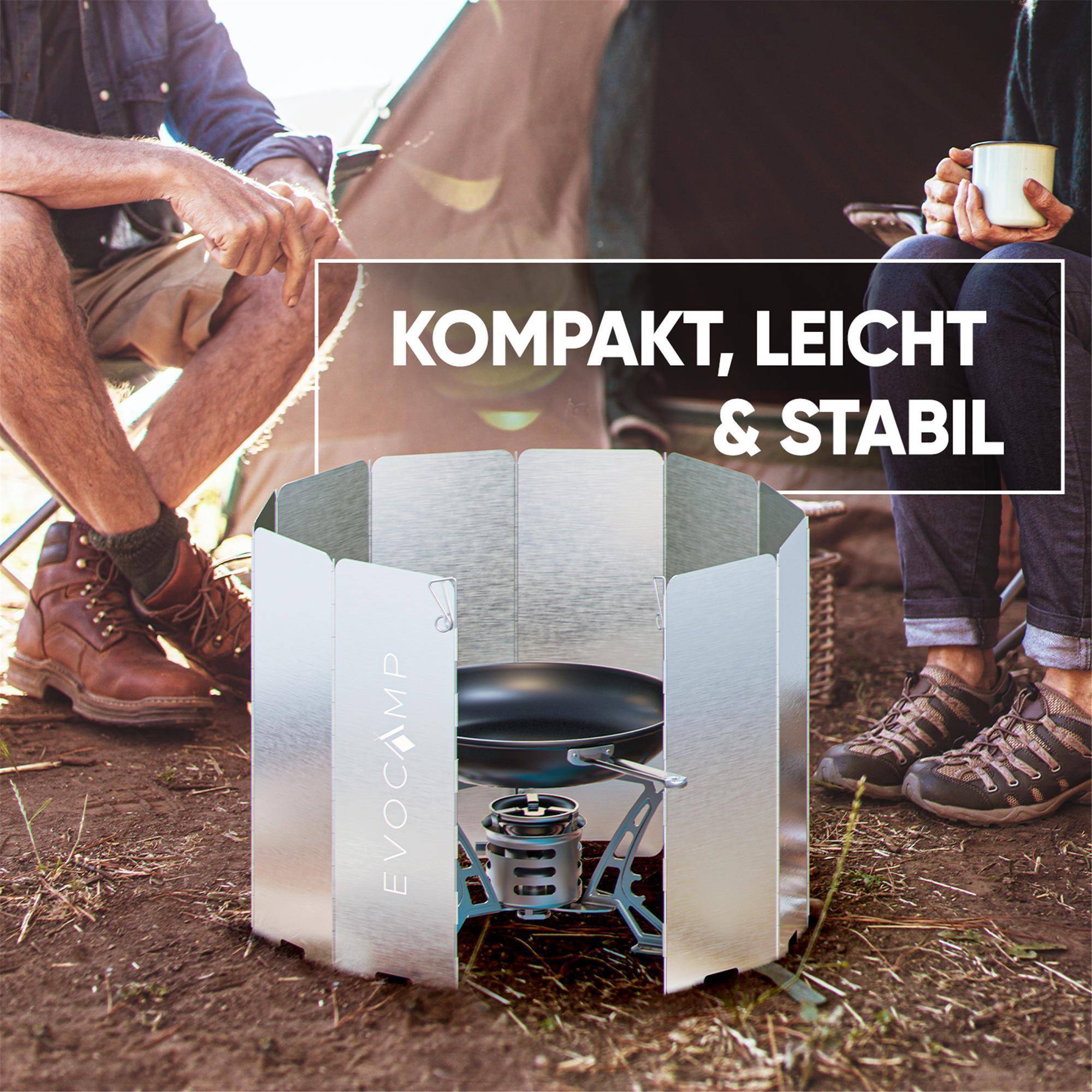 EVOCAMP Windschutz für Gaskocher, inklusive Tasche, 10 Lamellen, Spirituskocher Outdoor, Campingkocher, Grill, Camping Feuerstelle, Gaskocher