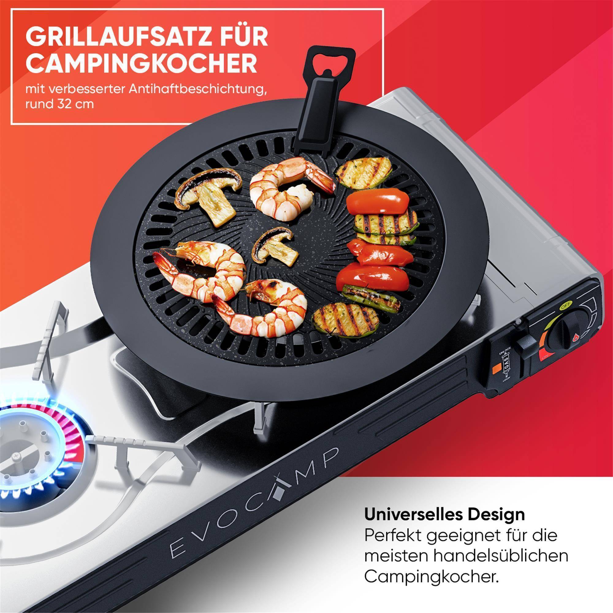 EVOCAMP Grillplatte Aufsatz für Gaskocher, antihaftbeschichtete Grillpfanne für Campingkocher, Grillaufsatz rund 32 cm, Grillmatte für BBQ, Campin
