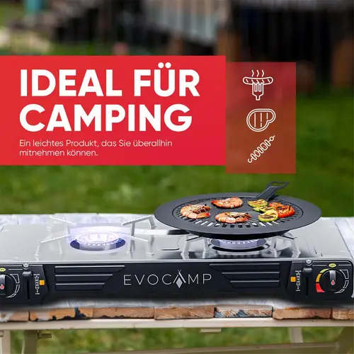 EVOCAMP Grillplatte Aufsatz für Gaskocher, antihaftbeschichtete Grillpfanne für Campingkocher, Grillaufsatz rund 32 cm, Grillmatte für BBQ, Campin EVOCAMP Grillplatte Aufsatz für Gaskocher, antihaftbeschichtete Grillpfanne für Campingkocher, Grillaufsatz rund 32 cm, Grillmatte für BBQ, Campin
