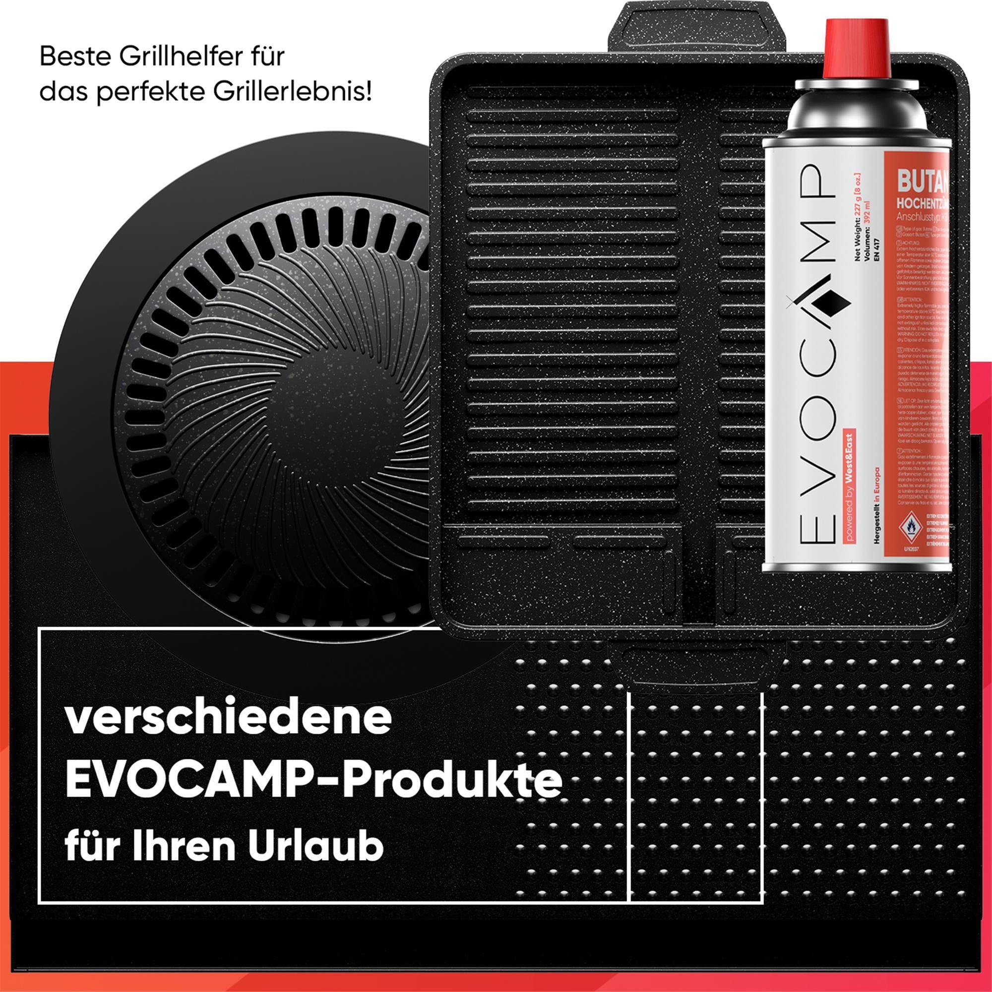 EVOCAMP Grillplatte Aufsatz für Gaskocher, antihaftbeschichtete Grillpfanne für Campingkocher, Grillaufsatz rund 32 cm, Grillmatte für BBQ, Campin