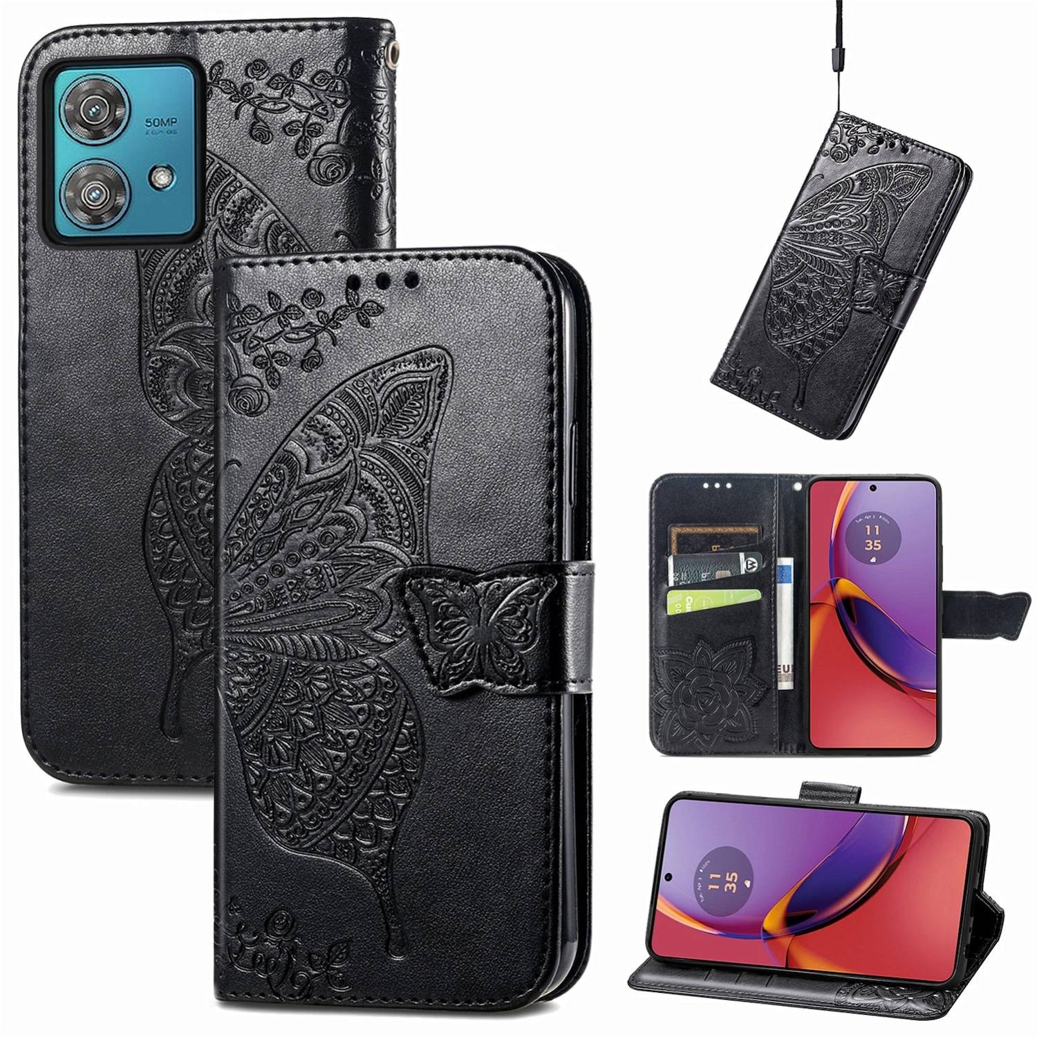 Für Motorola Moto G84 5G Kunstleder Wallet Handy Tasche Schmetterling Design Schutz Hülle Case Cover Etuis Schwarz