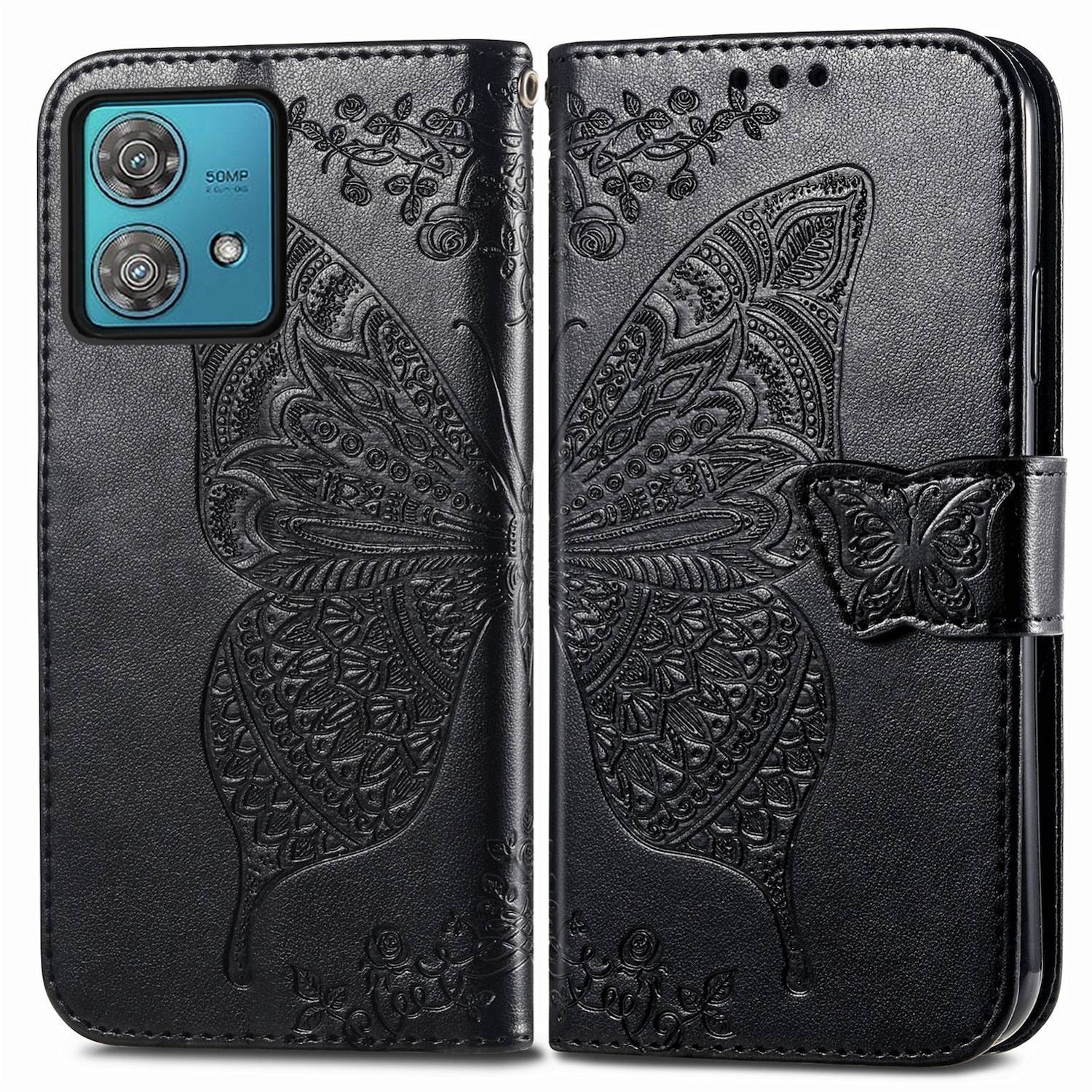 Für Motorola Moto G84 5G Kunstleder Wallet Handy Tasche Schmetterling Design Schutz Hülle Case Cover Etuis Schwarz