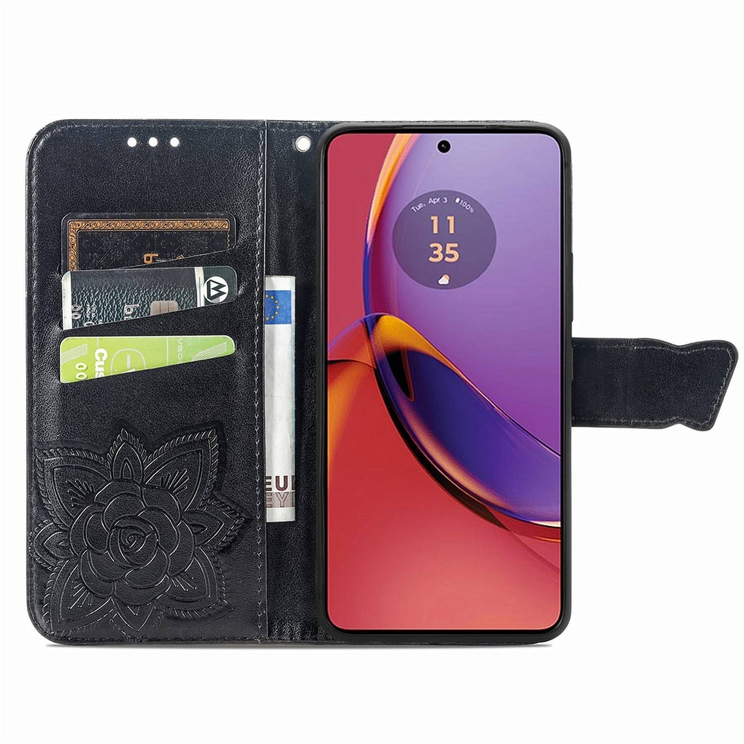 Für Motorola Moto G84 5G Kunstleder Wallet Handy Tasche Schmetterling Design Schutz Hülle Case Cover Etuis Schwarz