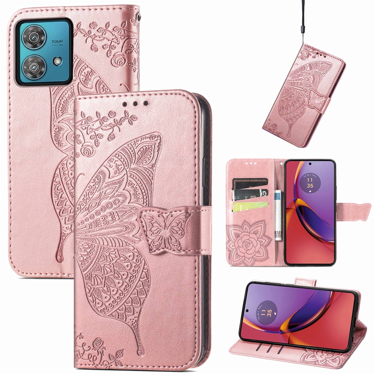 Für Motorola Moto G84 5G Kunstleder Wallet Handy Tasche Schmetterling Design Schutz Hülle Case Cover Etuis Rosa