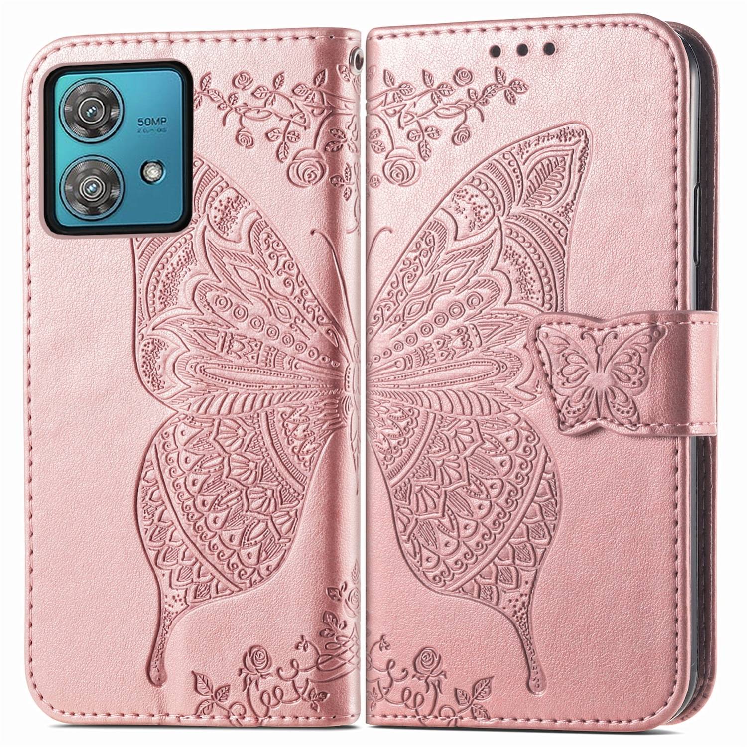 Für Motorola Moto G84 5G Kunstleder Wallet Handy Tasche Schmetterling Design Schutz Hülle Case Cover Etuis Rosa