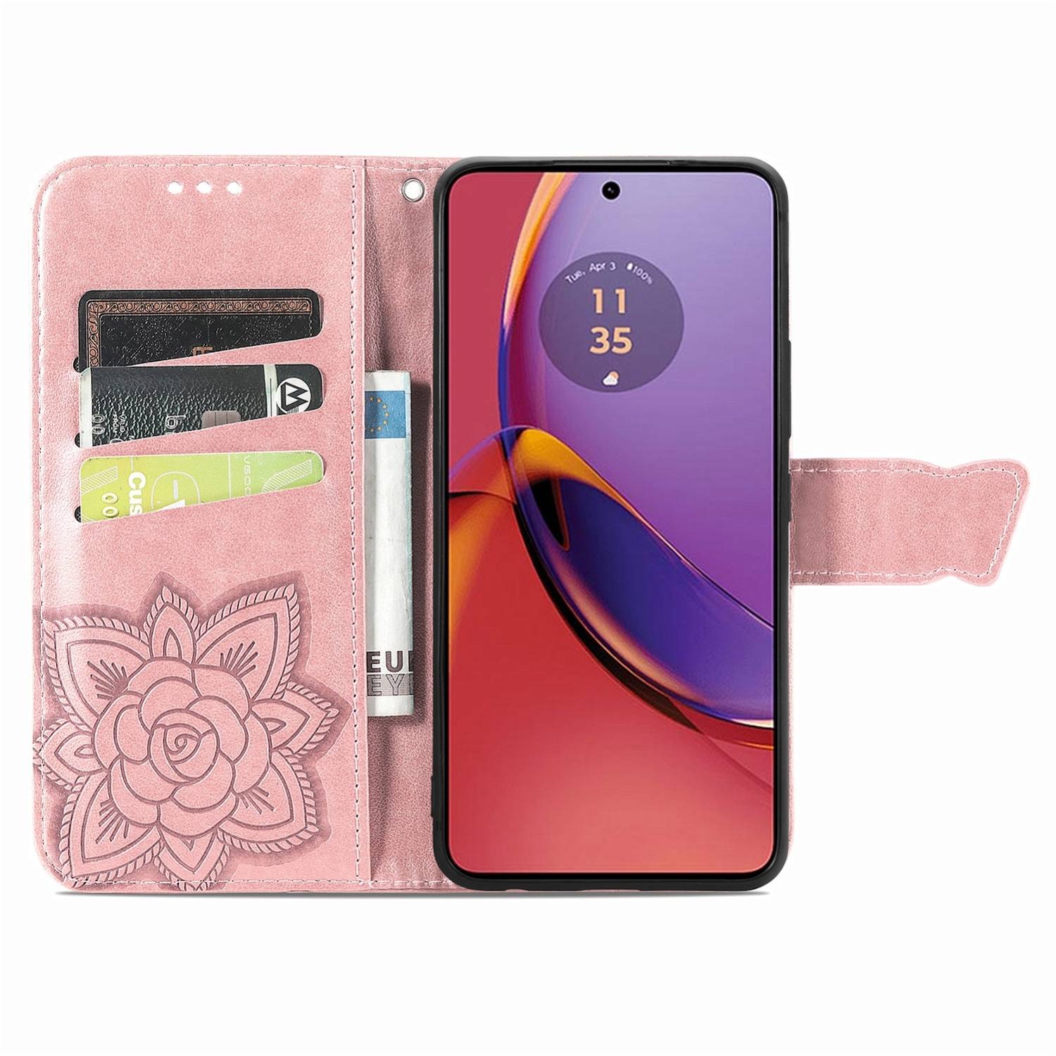 Für Motorola Moto G84 5G Kunstleder Wallet Handy Tasche Schmetterling Design Schutz Hülle Case Cover Etuis Rosa