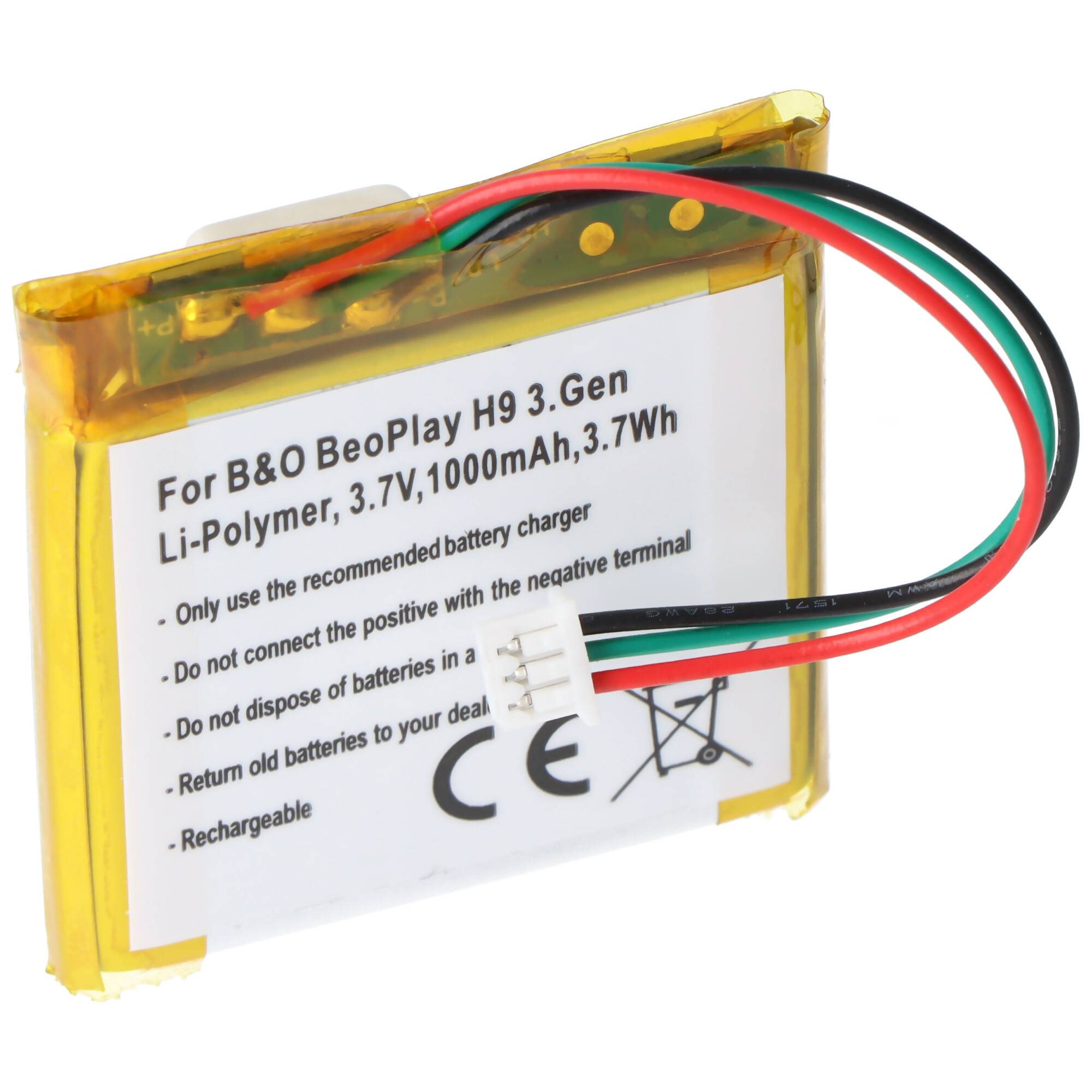 Wiederaufladbare Li-Polymer-Batterie für B&O BeoPlay H9 3rd Gen, 3,7V, 1000mAh, 3,7Wh. Enthält Sicherheitsanweisungen und CE-Kennzeichnung.