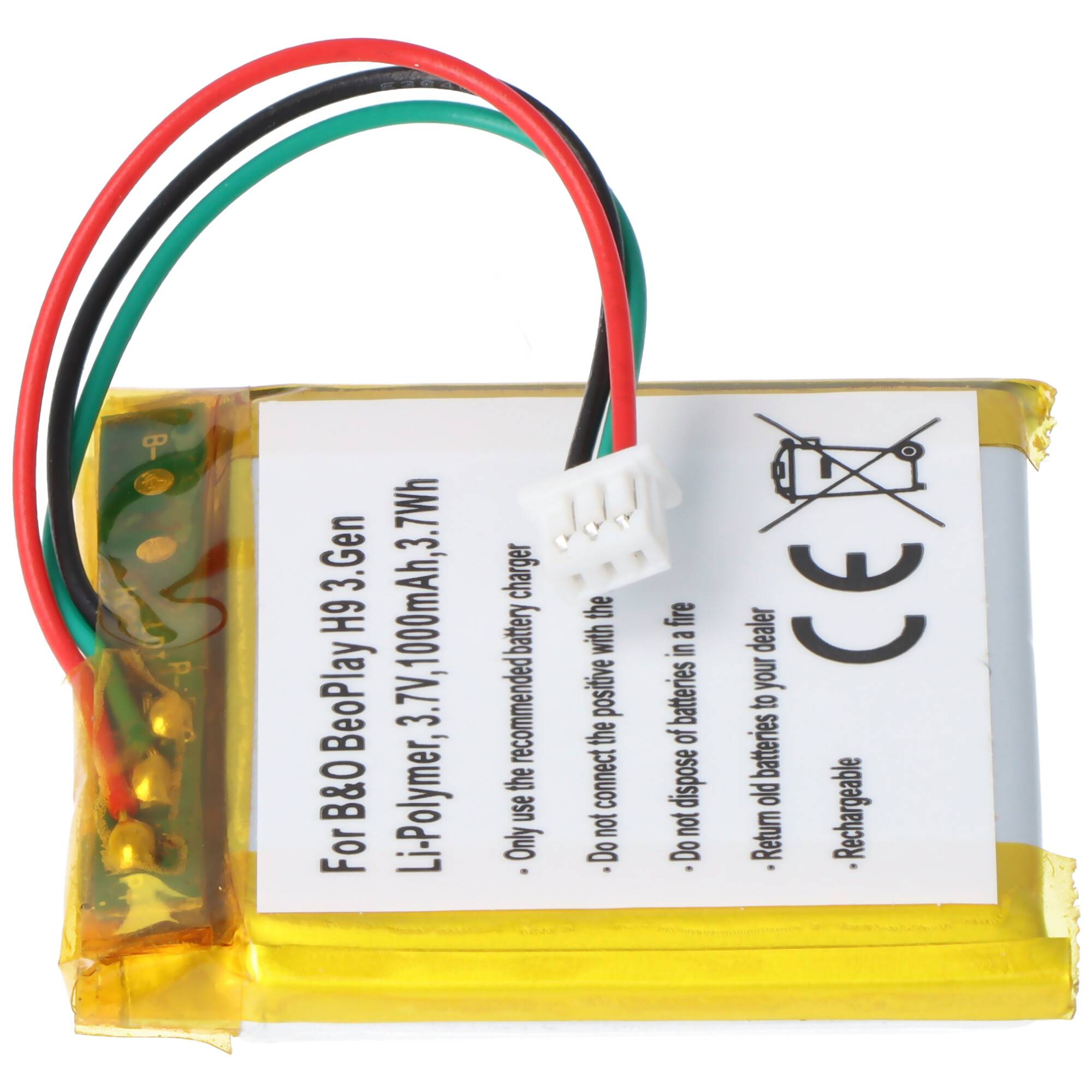 Li-Polymer-Batterie mit Beschriftung für BQ BQeel Toy H9 3. Generation, 3,7V, 1000mAh. Rote, grüne und schwarze Drähte. Sicherheitsanweisungen enthalten.