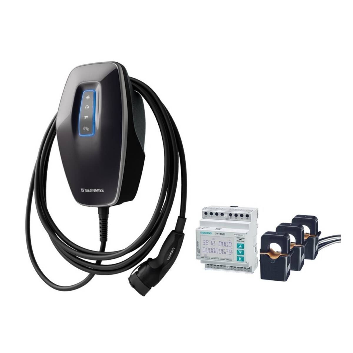 Elektrofahrzeug-Ladekabel mit wandmontiertem Stecker, Steuereinheit und drei Stromsensoren zur Stromüberwachung oder Messung.
