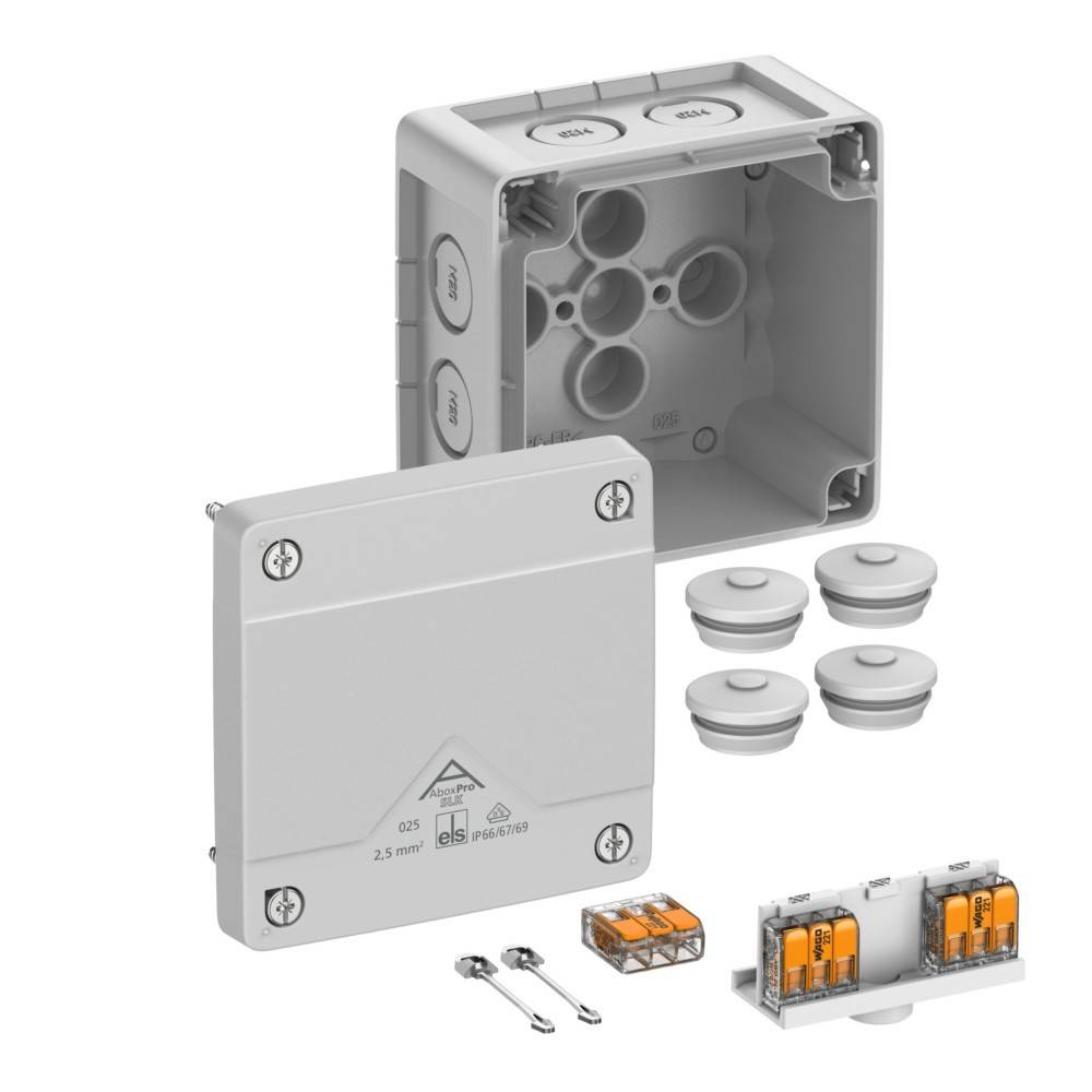 Elektrische Verteilerdose mit entferntem Deckel, die den inneren Raum für die Verkabelung zeigt. Enthält Zubehör: Steckverbinder, Schrauben und Dichtungsringe.