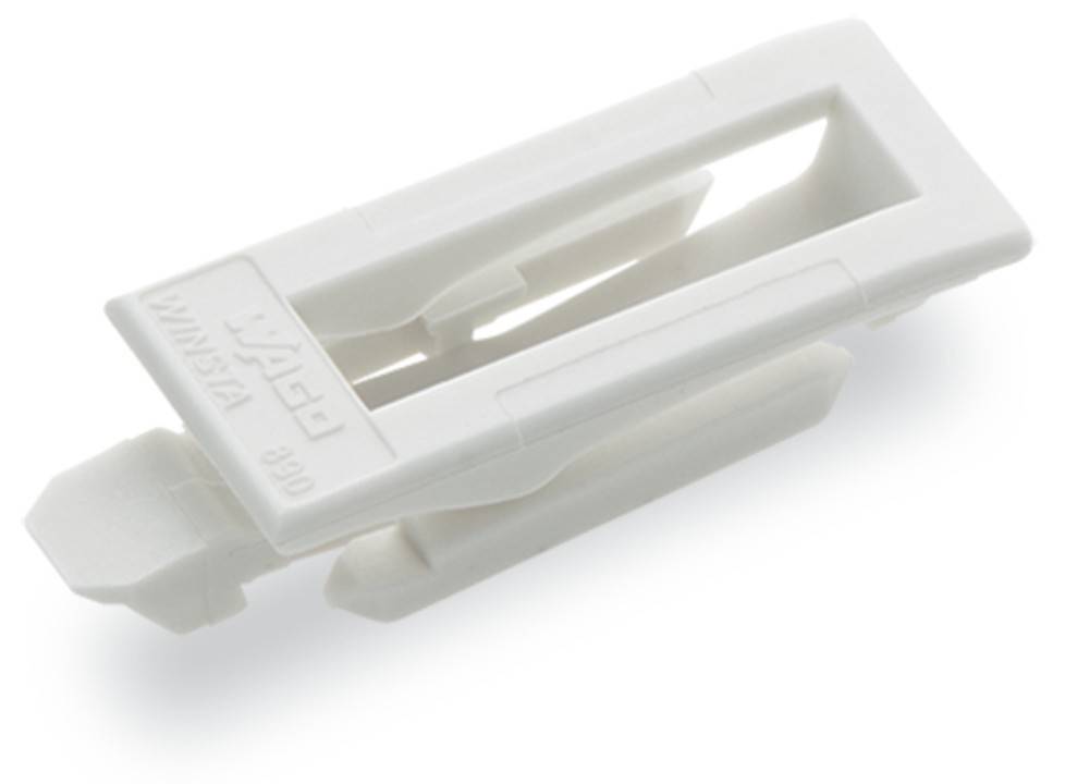 Weißer Kunststoff-Wanddübel, der auf einem weißen Hintergrund liegt und seine flache rechteckige Hülse und spitze Spitze präsentiert.