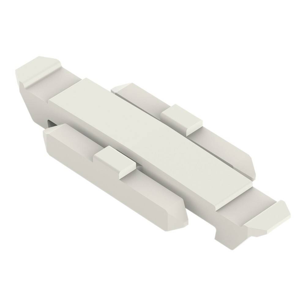 Weißes 3D-Verbindungselement oder scharnierartiges Bauteil mit zentralem rechteckigem Körper und vier angebrachten Seitenblöcken auf einfachem Hintergrund.